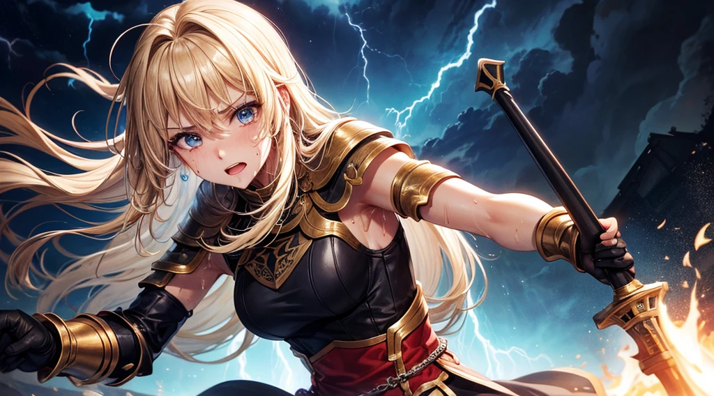 masterpiece,best quality,ultra detailed,(1Female Knight swinging a fire sword),upper body shot,(fire:1.4),blonde hair,long hair,blue eye,straight hair,blonde hair,look at viewer,(ThunderStorm:1.4),(Sweat:1.7)