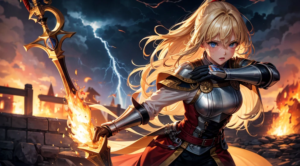 masterpiece,best quality,ultra detailed,(1Female Knight swinging a fire sword),upper body shot,(fire:1.4),blonde hair,long hair,blue eye,straight hair,blonde hair,look at viewer,(ThunderStorm:1.4),(Sweat:1.7)