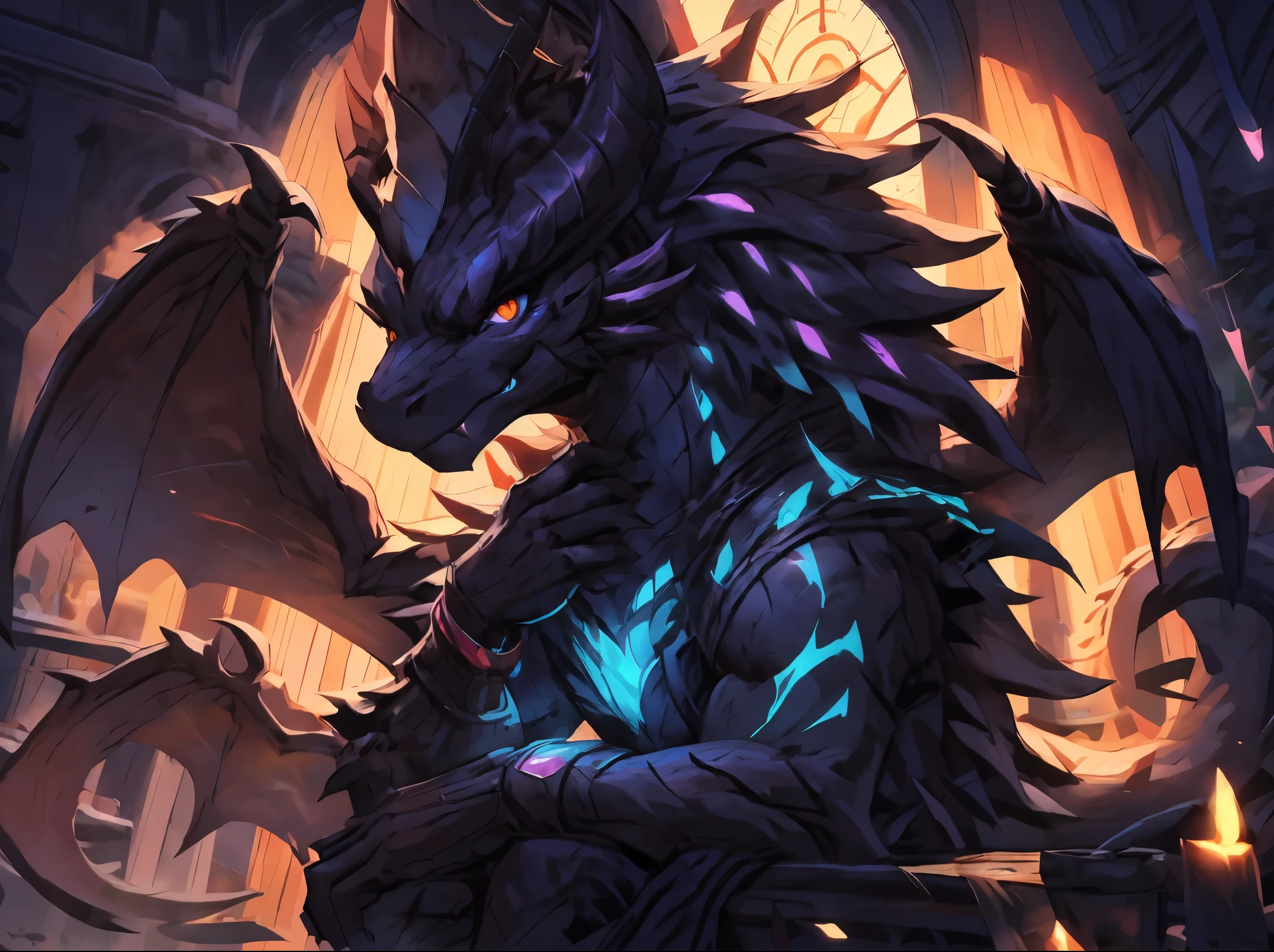 "1 handsome male character with an anime style, depicting a powerful and fierce werewolf. The character should have the appearance of being half-human and half-wolf, with black dragon scales, black dragon tail, black dragon wings incorporated into the design." (masterpiece, top quality, best quality),extreme detailed,colorful,highest detailed ((ultra-detailed)), (highly detailed CG illustration),(from front),cinematic light