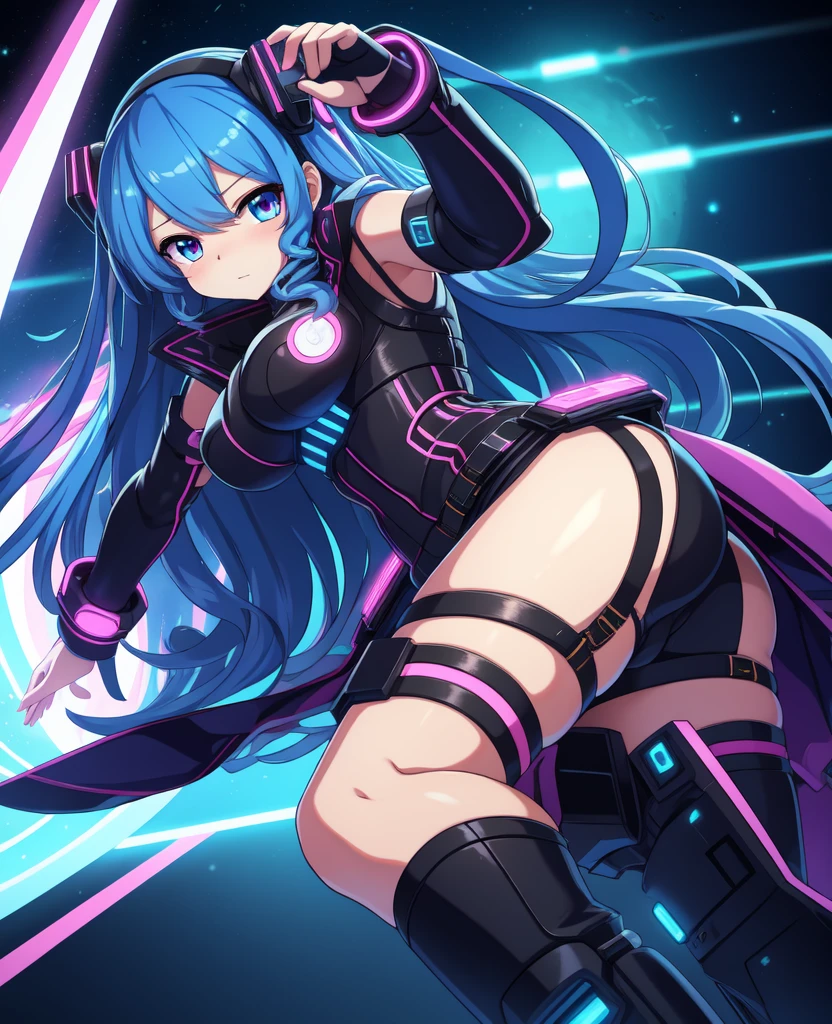 (cyber punk style:1.2), (anime, cute big breastluffy fluffy humans:1),  (very long blue curly hair, woman, Detailed face), (small:1) , lewd poses, ssmile, tmasterpiece, Best quality at best, sub surface scattering, Ridiculous resources, gentlesoftlighting, Anti-shading, detailedbackground,Suisei Hoshimach