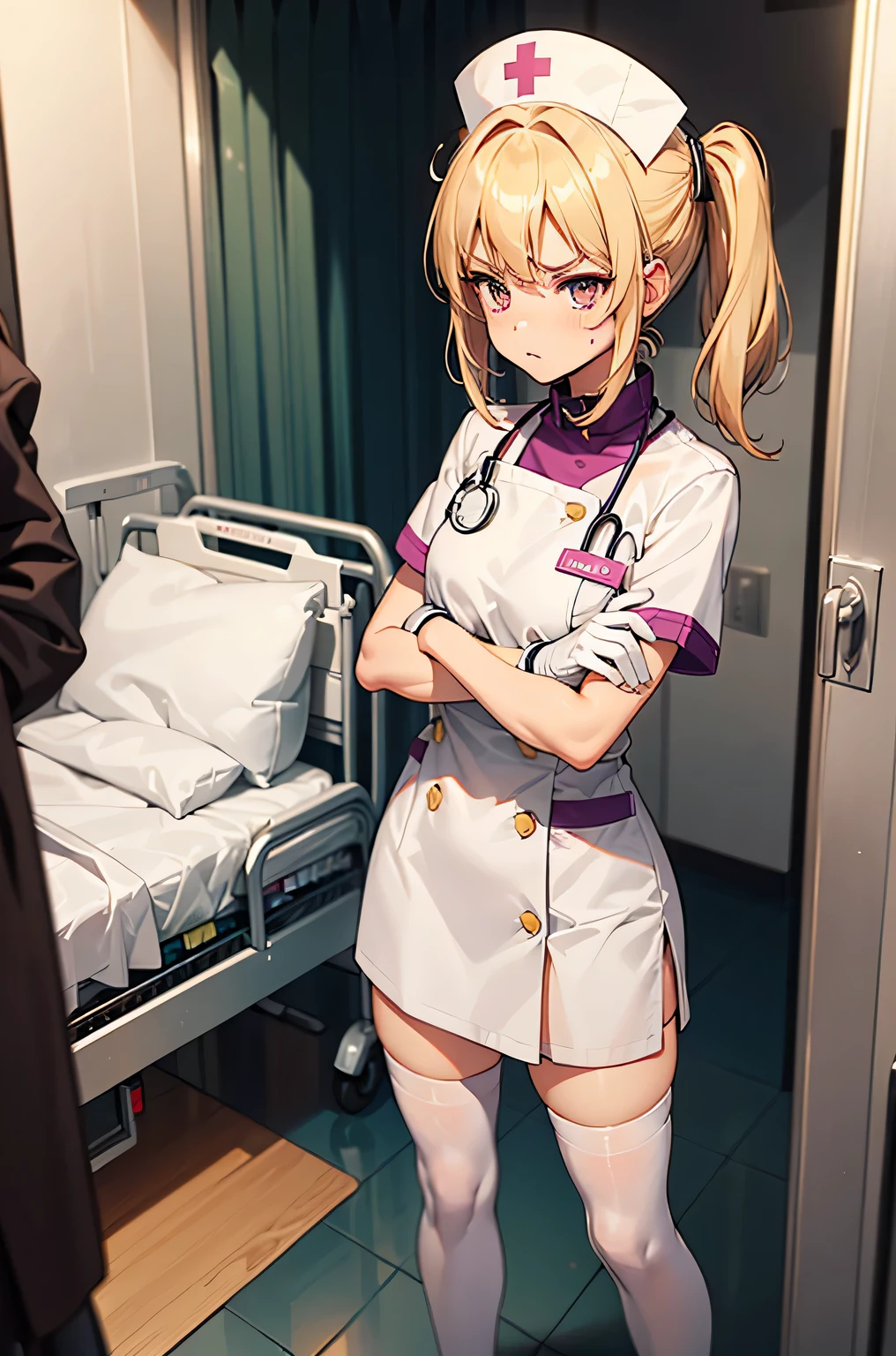 1girl, solo, nurse, nurse cap, white wear, ((white legwear, zettai ryouiki)), white gloves, twintails, yellow hair, purple eyes, angry, crossed arms, standing, ((hospital room)), sharp outline, short sleeves, best quality, masterpiece