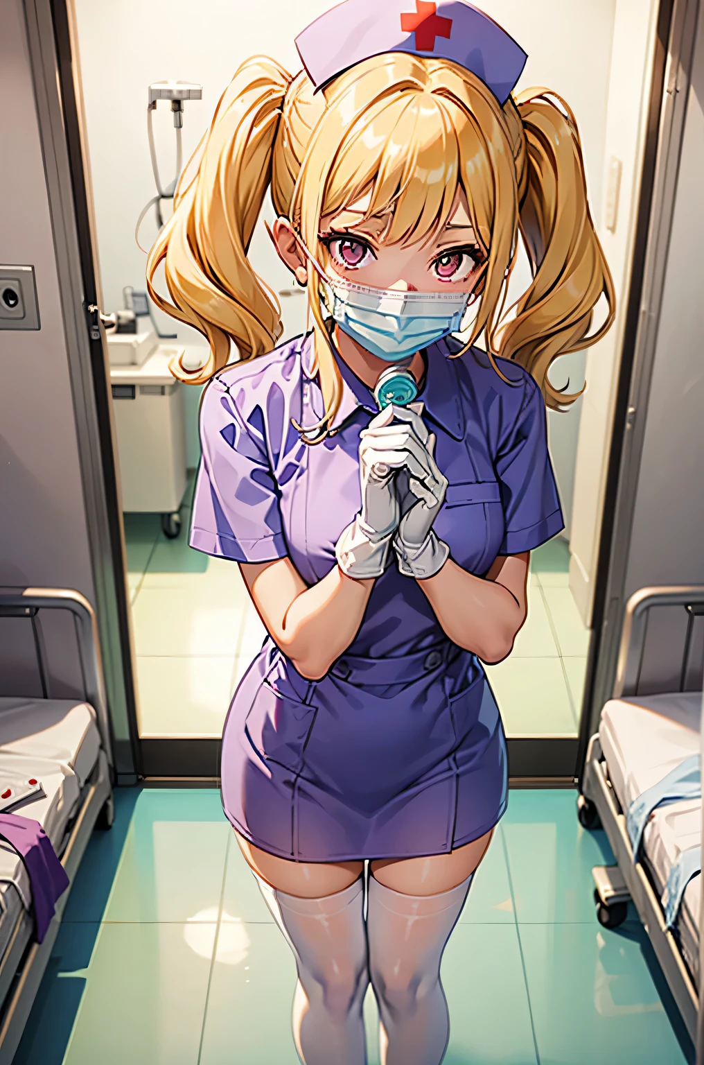 1girl, solo, nurse, nurse cap, white wear, ((white legwear, zettai ryouiki)), white gloves, twintails, yellow hair, purple eyes, ((white surgical mask, covered nose)), standing, ((hospital room)), sharp outline, short sleeves, best quality, masterpiece