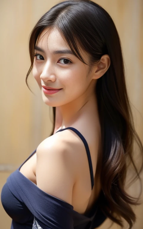 Japanese actress Asami Mizukawa、Transparent beautiful skin、Cool impression with long eyes、speak slowly and carefully、hidden core strength、Black hair suits you、Makeup that is not too flashy、Makeup looks natural too、Beautiful posture、a small face、The nasal muscles are passing through、The corners of the mouth are higher than the width of the head、Less than one third of the vertical width of the face、The border between the eyebrows and the base of the nose is deeply concave、The distance between the left and right eyes is、、、、narrower than the width of one eye、distance between eyes and eyebrows、Narrower than one vertical width of the eye、The outline is、Oval or long type、cheekbone, jaw etc....、Facial features with a prominent skeleton、The shape of the jaw resembles an upside down 、Hairstyles、natural one-len、exudes sensuality,Attractive appearance,strong physical attraction,creating a seductive Atmosphere,cosy atmosphere,artistic rendering,Provocative chest composition,Artistic nudity,expressive body language, Atmosphere,With a mysterious aura,dim light that casts shadows,Increase attractiveness,Vibrant colors with warm tones,red and gold tips,魅惑的、((top-quality、masterpiece:1.3))、sharp:1.2、Perfect Body Beauty:1.4、Slim abs:1.2、((Colossal tits:1.2))、(Striped dress:1.1)、(Street:1.2)、Wetty:1.5、Beautiful face、Wavy Hair、Highly detailed facial and skin texture、A detailed eye、二重まぶた、Aspect of looking at the camera、A smile