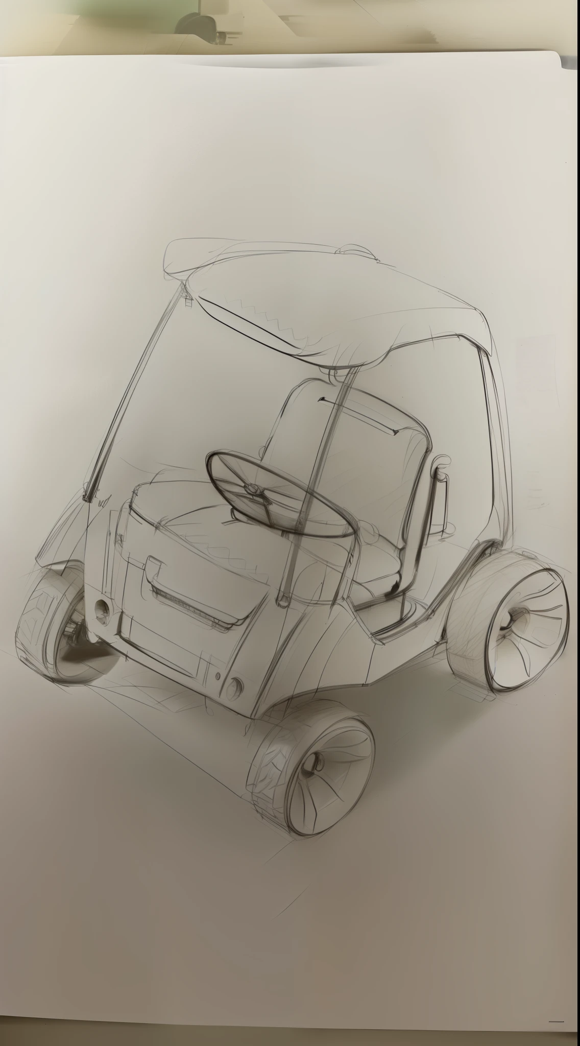 Picture of golf cart with driver on the back, car sketch, concept sketches, professional sketch, conceptual drawing, concept-art sketch, SUV, vehicle concept photo!!, a pencil sketch, Rough sketch, vehicle design, sketch, Realistic sketching, hyperRealistic sketching, concept-art, concept-art, sketch illustratio, car concept-art, vehicle illustration, old sketch