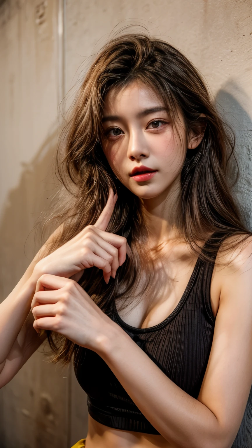 masterpiece、8K、32K、top-quality、(A detailed eye)、(A cute Japanese woman、bangss:1.3)、23years old、1 girl in、elegent、(White concrete wall)、black tank-top