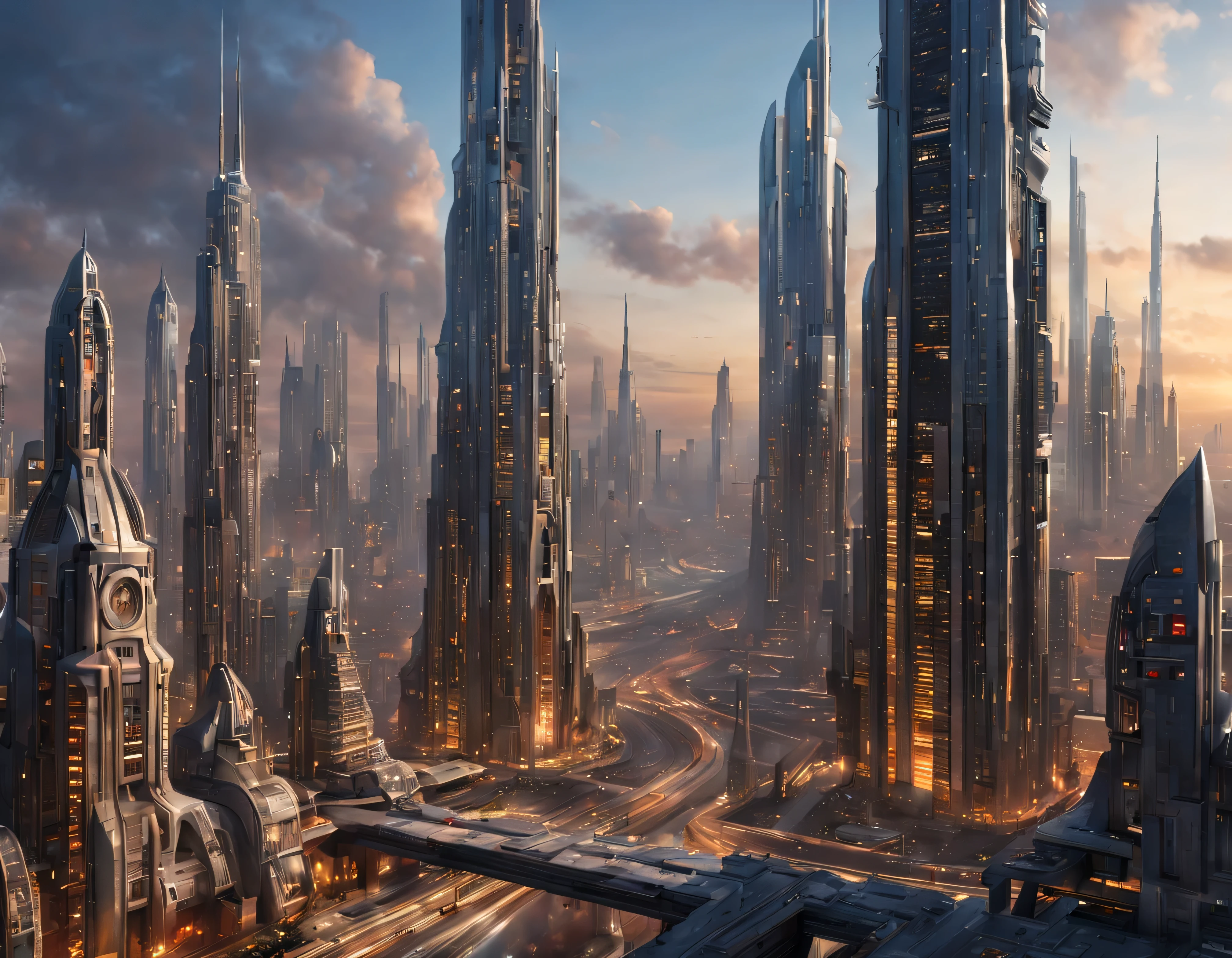 (The city of Coruscant from Star Wars as designed by Doug Chiang), futuristic fantasy city with immense buildings of technological design (que forman una avenida infinita), edificios compactor no difuminados con aspecto metalico, luces en ventanas en edificios, iluminacion diurna con sol, con estructuras acristaladas espectaculares, (con colores vivos). pavimento ensolado (sin brillo). gente paseando. imagen bien definida con muchos edificios juntos. imagen nitida bien definida 8k. los edificios llegan alta el fondo.,8k. imagen cinematografica. ((obra maestra de superior calidad)). (renderizado 3D). ((arquitectura impecable).