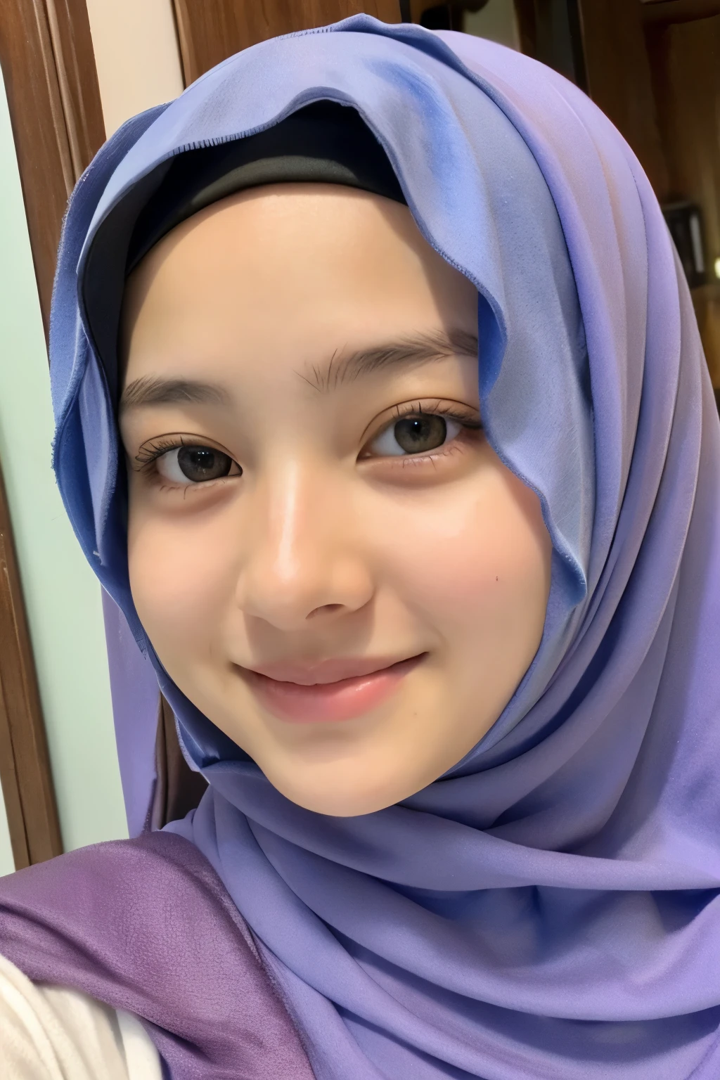 17 yo girl, wearing hijab, selfie, close up, beautiful, soft smile