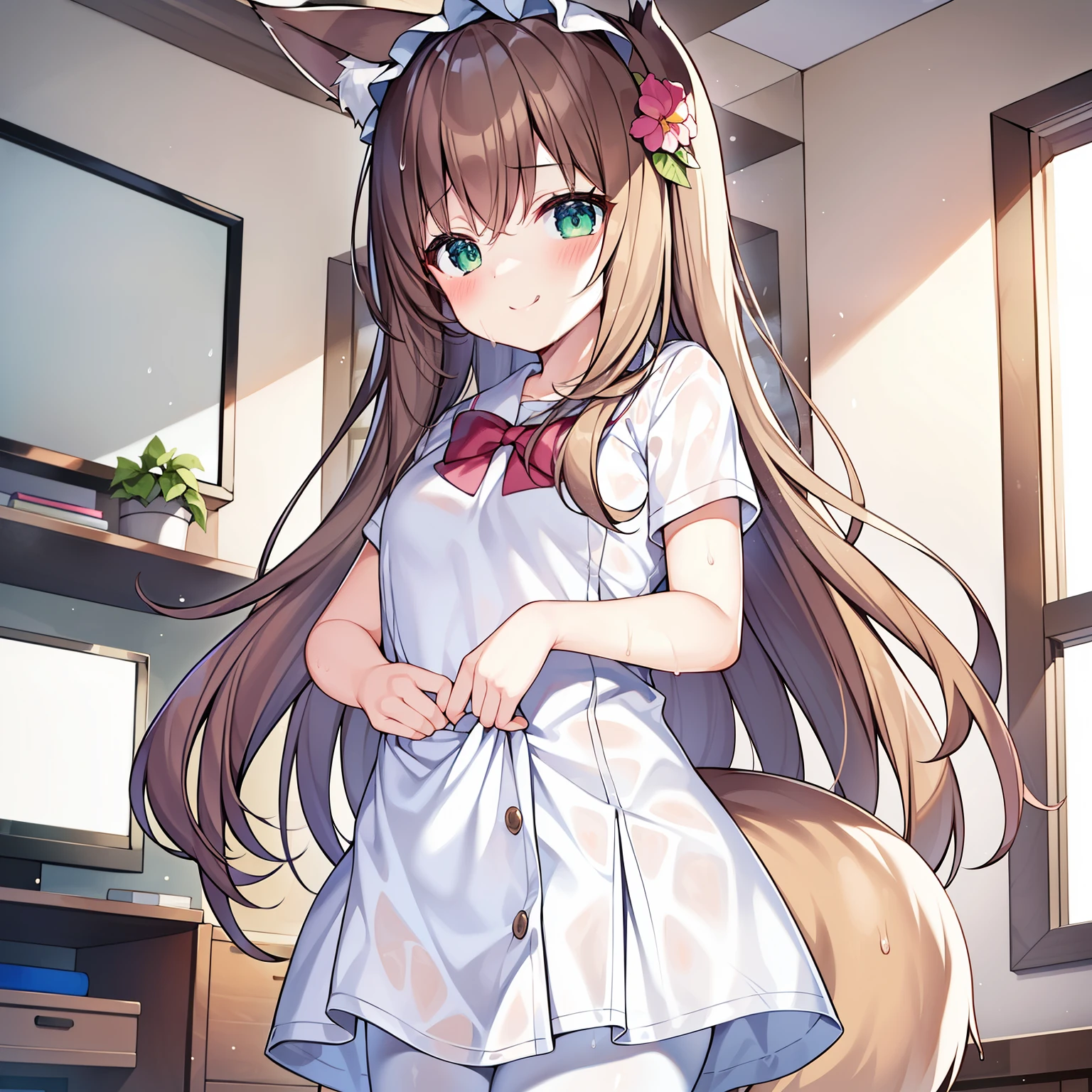 (tmasterpiece, Best quality at best, A high resolution), 1 girl, Alone, (Big, soft fox tail),A pair of fox ears,Green-eyed,(Long brown hair),Small flower headdress, (9 years old_Cute loli),small tit,摩洛解放阵线,After school,Because of heavy rain, That girl's clothes are soaked, Wearing wet school uniform,wearing white pantyhose,(Standing in the living room and wiping your hair with a towel),Close-up of the upper body,The lighting in the living room is very dim,Blush slightly,ssmile,