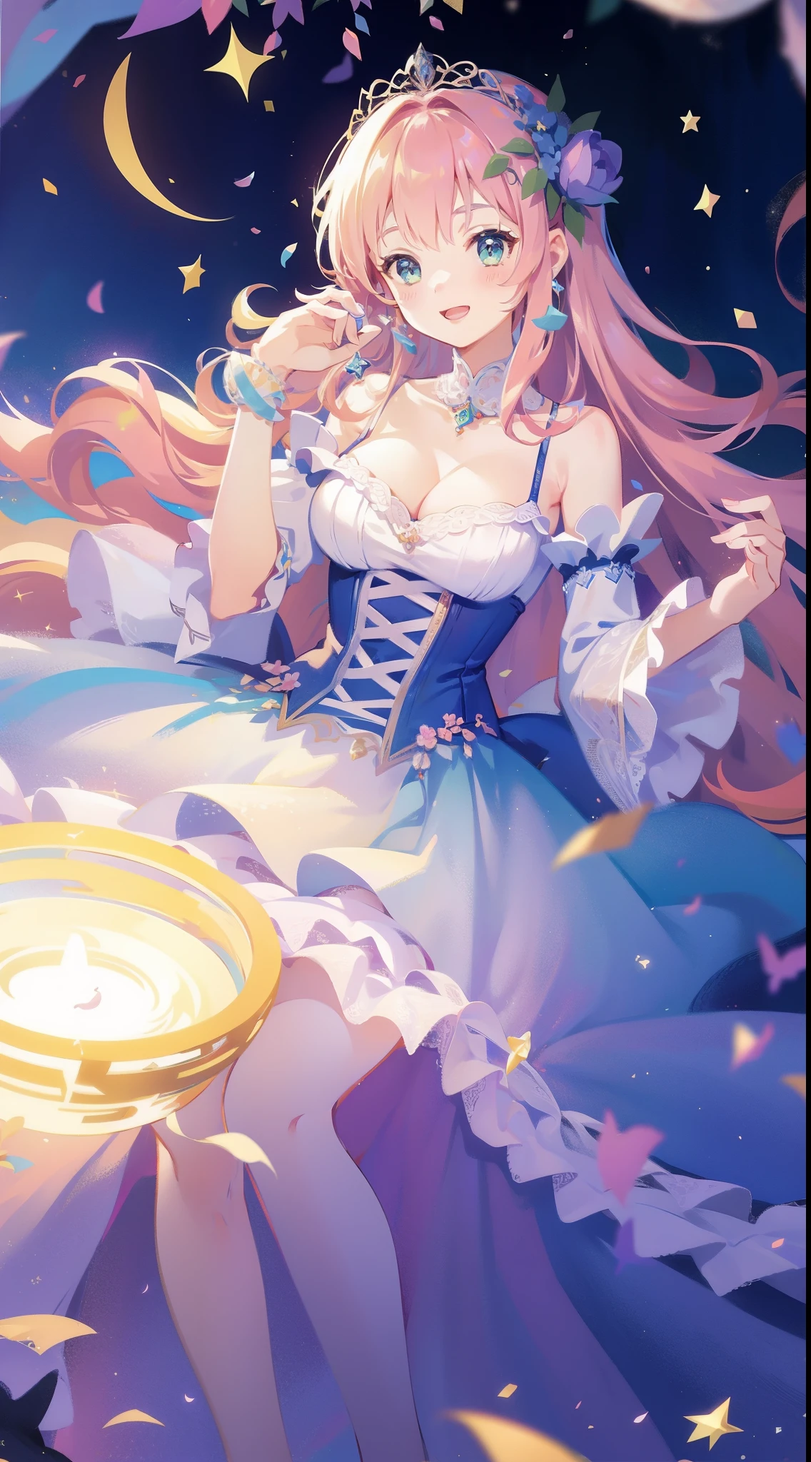 tmasterpiece, 8K, Focus sharp, A high resolution, A princess, beuaty girl, fanciful A princess dress, Fluffy multi-layered ball gown, Big breasts corset, collars, Focus sharp, Intricately detailed clothing design, Colorful, Whimsical, fanciful, magical,Change your movements with a smile on your face
