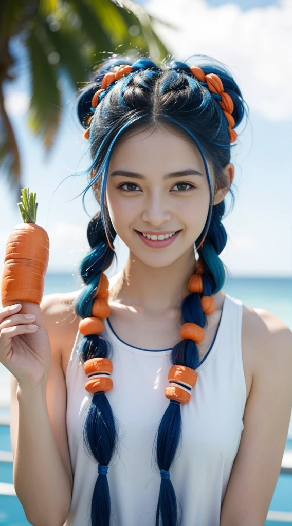 Usada Pekora, Blue hair, braid, carrot Hair Ornament, Hair Ornament, Hair Ornament, multicolored hair, twin braids, Twin-tailed, Two-tone hair, pale skin,A smile,swim wear