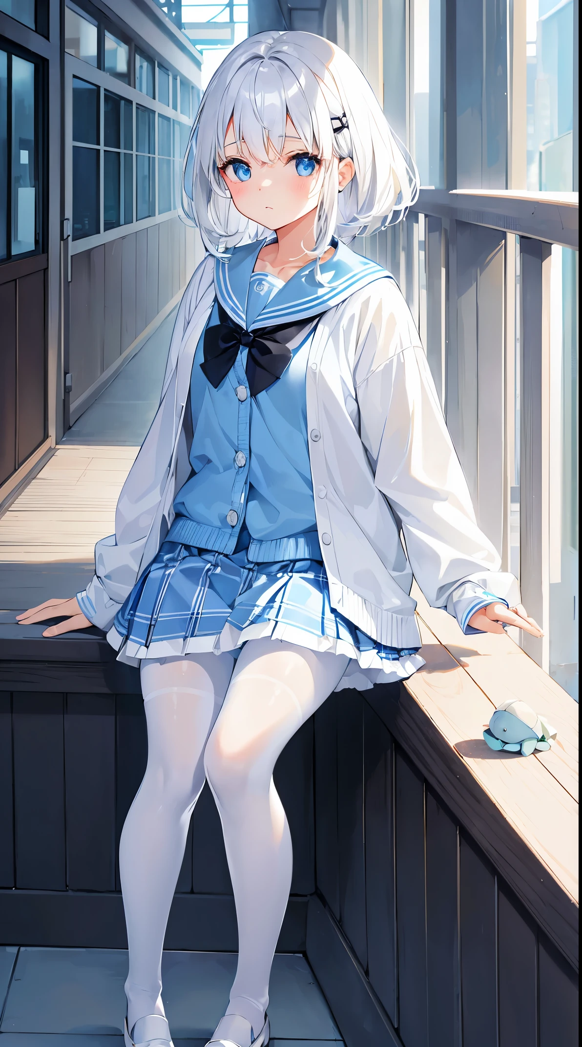 White hair、light blue  eyes、White sailor suit、I&#39;m wearing a light blue cardigan.、Cute Baby Turtle、Plaid pleated skirt、low cost，Black silk pantyhose