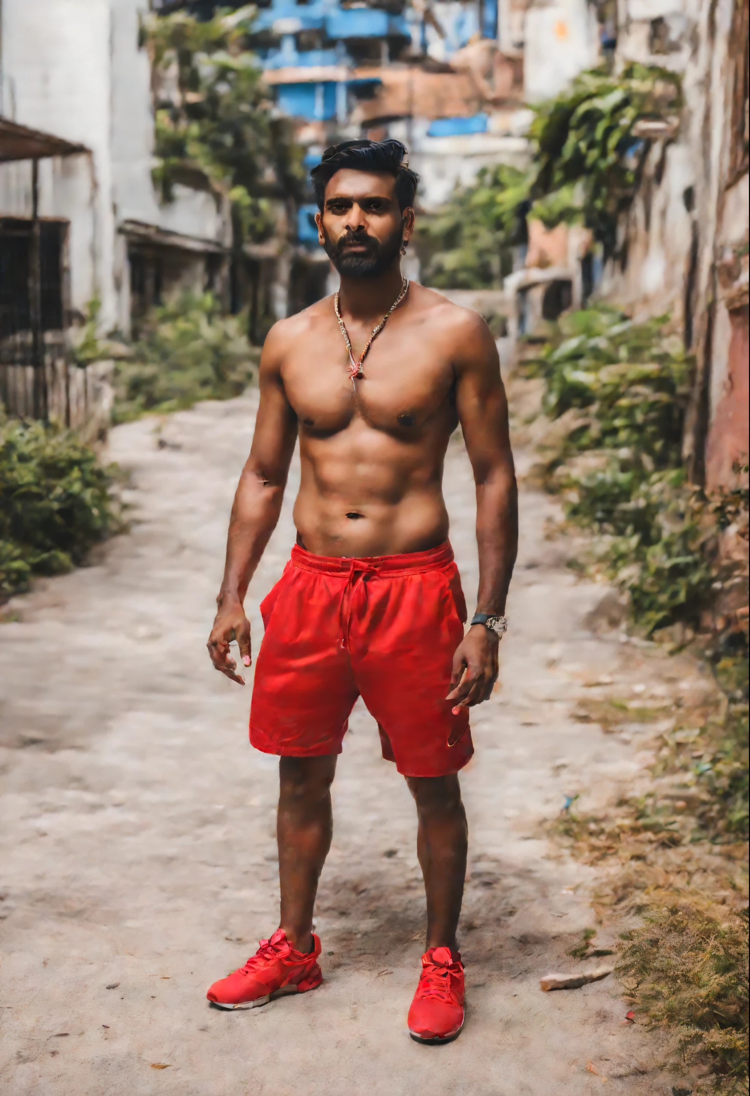 Indian man in his 30s, wearing small red shorts, red Nike shoes, bare chest, nipple piercings