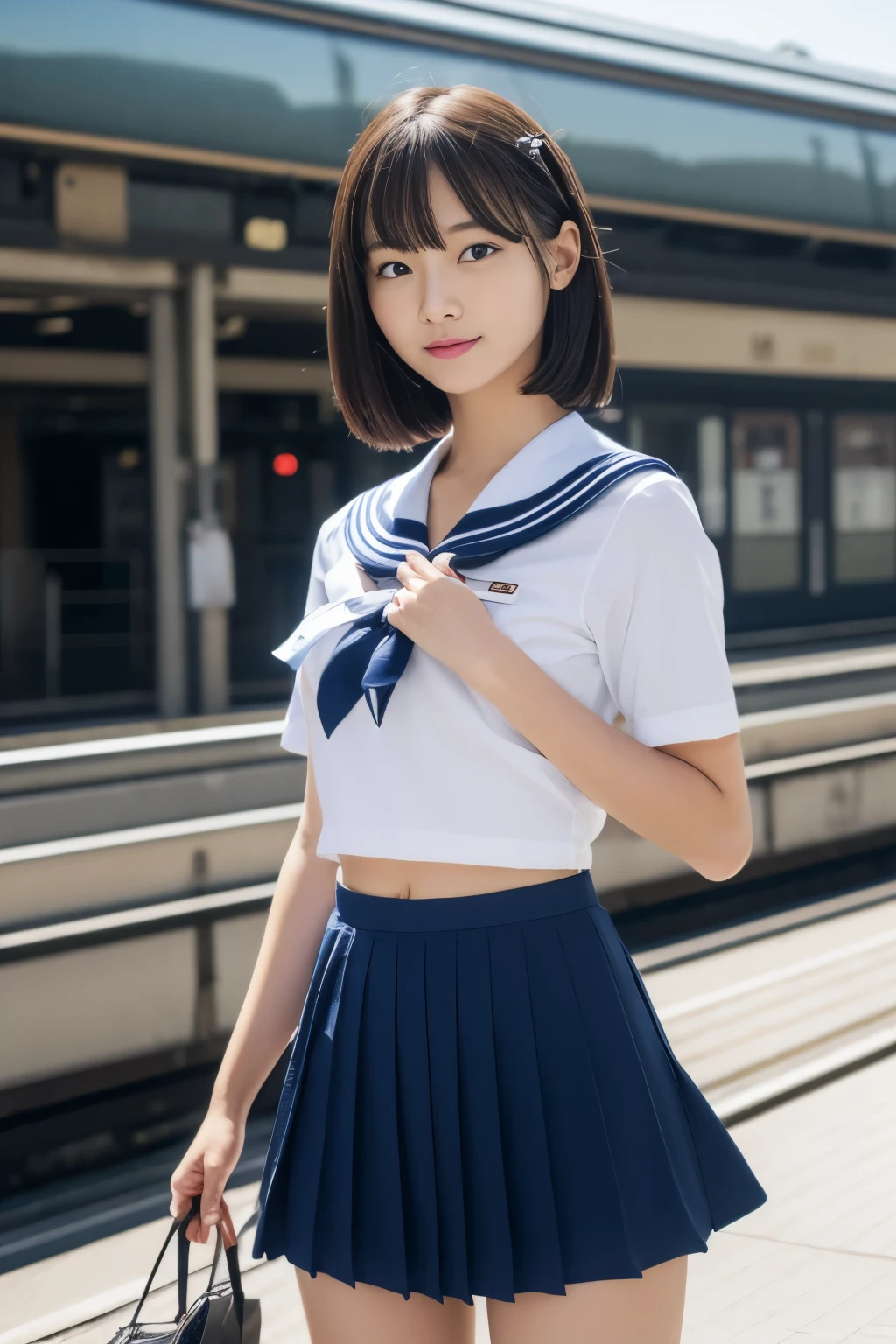 high resolution, photorealistic, (best quality, 8k, 32k, masterpiece, UHD:1.2), Photo of erotic cute Japanese girl, summer sailor costume school uniform, short sleeve, dark blue pleated skirt, low-rise mini skirt, navel, tall, skinny, small breasts, medium hair, upper teeth, outdoor, walking in train station platform, front-view,