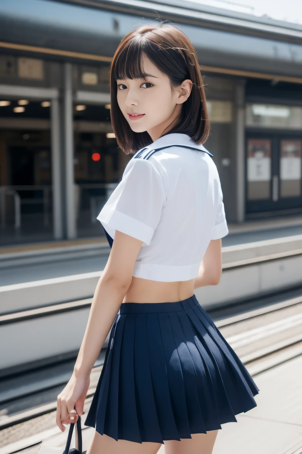 high resolution, photorealistic, (best quality, 8k, 32k, masterpiece, UHD:1.2), Photo of erotic cute Japanese girl, summer sailor costume school uniform, short sleeve, dark blue pleated skirt, low-rise mini skirt, navel, tall, skinny, small breasts, medium hair, upper teeth, outdoor, walking in train station platform, side-view,