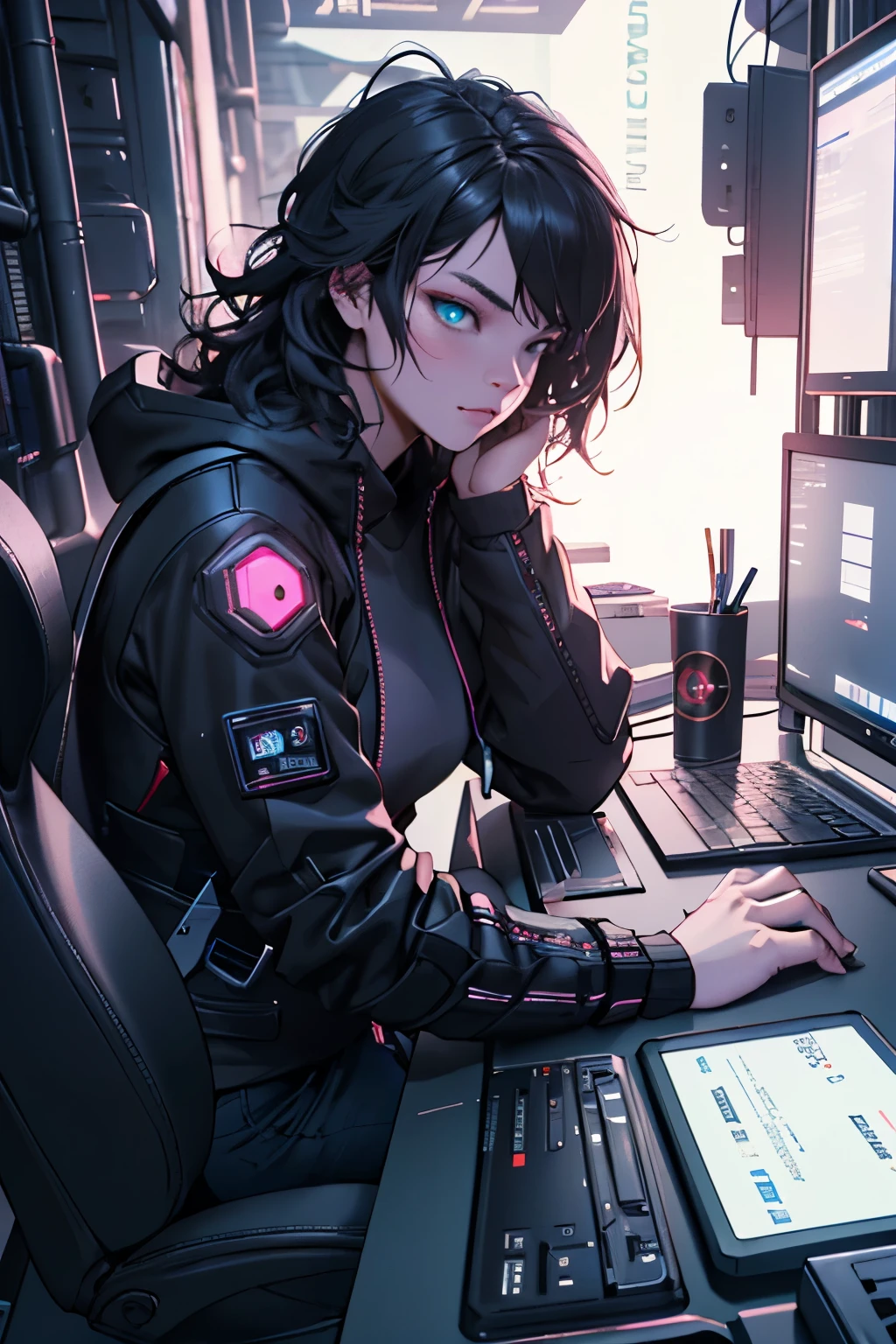 Cyberpunk HD 8k .3D, Beautiful thick-haired hacker woman operating computer terminal, PC desktop , Crawl like a cat, high angle camera view, Pay attention to the SLR effect,Millennial girl、Beautiful eye fluorescent color