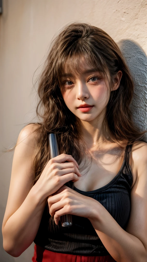 masterpiece、8K、32K、top-quality、(A detailed eye)、(A cute Japanese woman、bangss:1.3)、23years old、1 girl in、elegent、(White concrete wall)、black tank-top