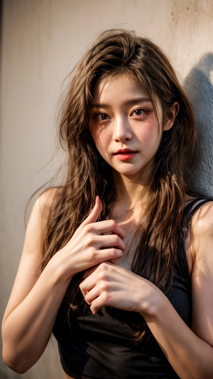 masterpiece、8K、32K、top-quality、(A detailed eye)、(A cute Japanese woman、bangss:1.3)、23years old、1 girl in、elegent、(White concrete wall)、black tank-top