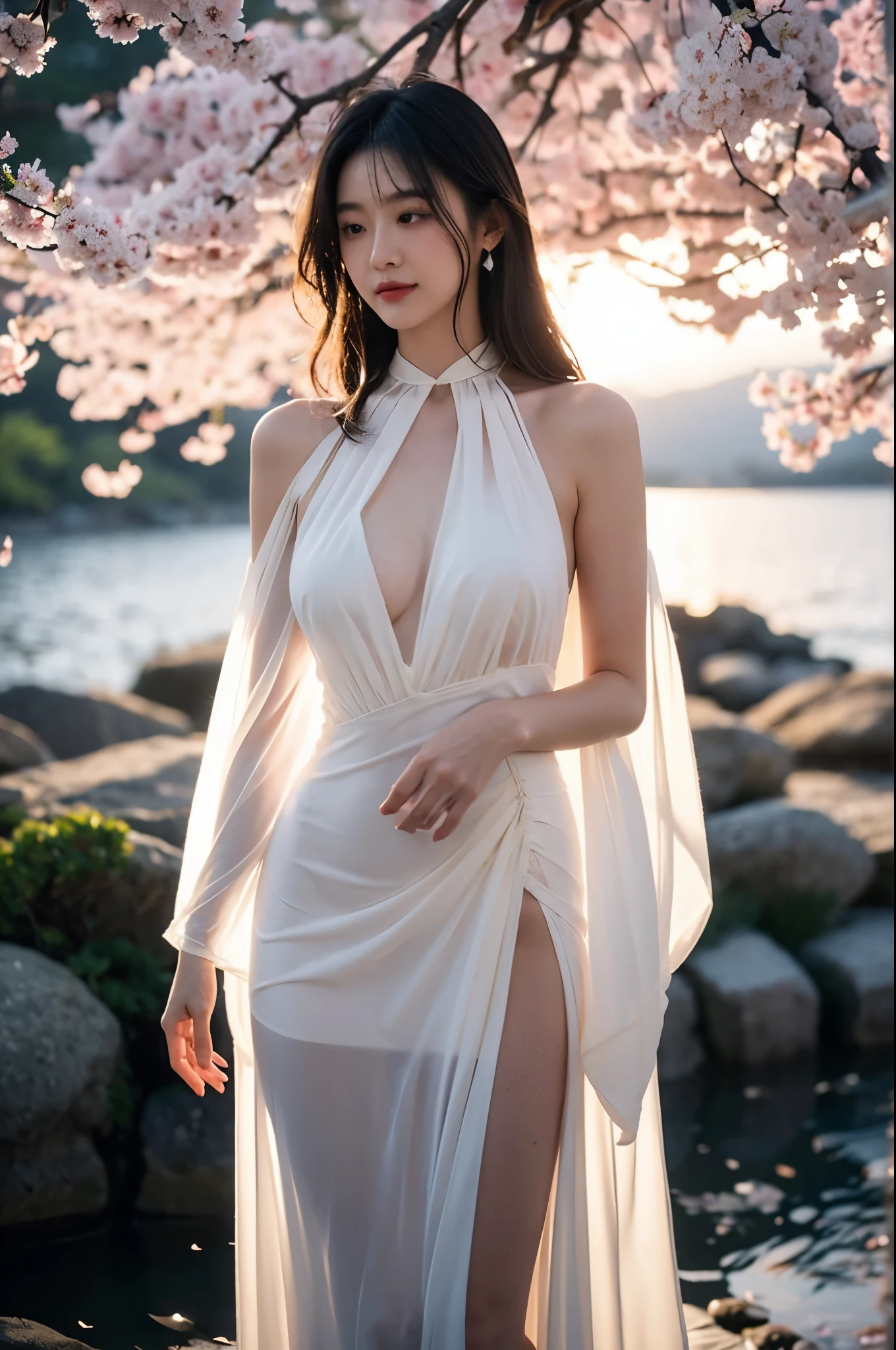 loose outfit、Show shoulders、How to wear a gown with a broken see-through halter neck、Decorated with intricate patterns and bright colors、Transparent material that makes the skin shine、Artistic depiction of seductive woman in gown with wet thin cloth and transparent skin, Floral and fantastic pattern with flowing silky traditional see-through skin。Her dress draped elegantly around her curvaceous figure、Emphasizes her charming silhouette。She's a gentle fireworks night、Dynamic Posing、Sexy Posing、bathed in the soft glow of moonlight。The scene is、With a hint of mystery and sensuality、It exudes an ethereal dreamy atmosphere。The image style is、It incorporates a blend of watercolor and digital illustration techniques.、It makes you feel delicate beauty and charm。Soft moonlit lighting、Cast gentle highlights and shadows on her mesmerizing features。Dynamic Posing、Bold poses、The hand is somewhere、see -through、show through、A sexy、Wet hair、Wet、cherry treelower petals、cherryblossom、The cherry tree、Sakura blizzard、buried、Transparent skin、Wet clothes、Chest Pulling、Translucent clothes、On the water、