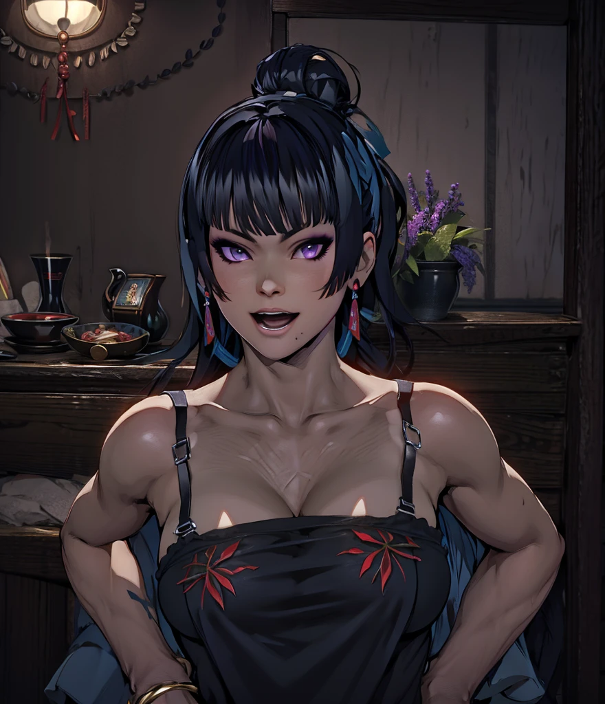 Arte detalhado, Nyotengu de Dead or Alive, personagem estilo Tekken, Ires dos olhos roxos claro e brilhantes, Manga Art Style, colorido, cores vivas, ires dos olhos roxo claro e brilhantes, batom preto, olhar cativante, de top e legging, Christmas tree in the background and Christmas decorations