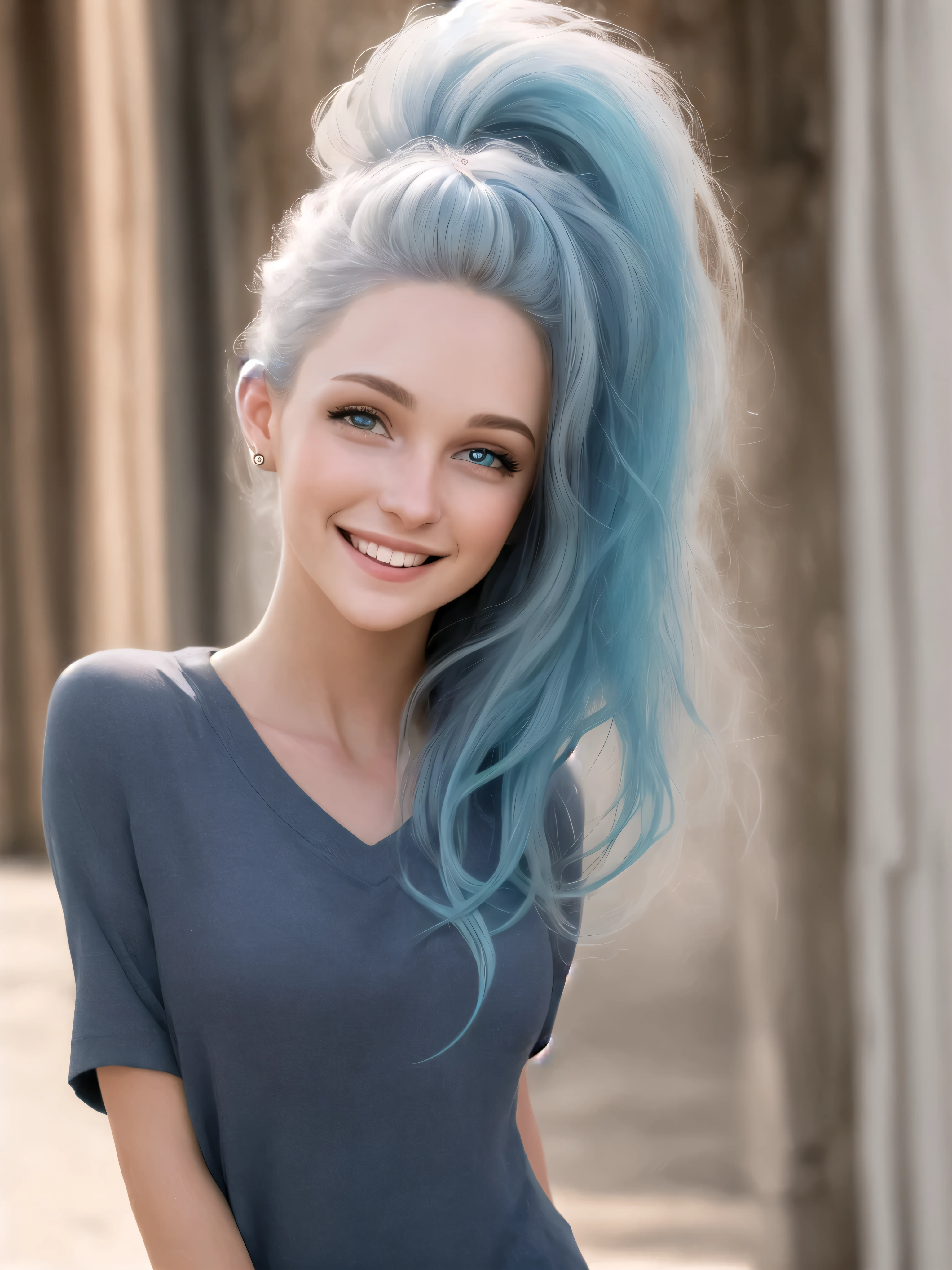(Realistic:1.5), Very detailed photo of a stunningly beautiful young woman in tiny clothes.. Long rusty blue hair fluttering in the wind . Dazzling and glowing orange-red eyes, (freckles:0.3). Cute sexy, The mouth smiles widely with joy. Tilt to the camera. Freedom-loving personality. Looking straight into the camera and winking
