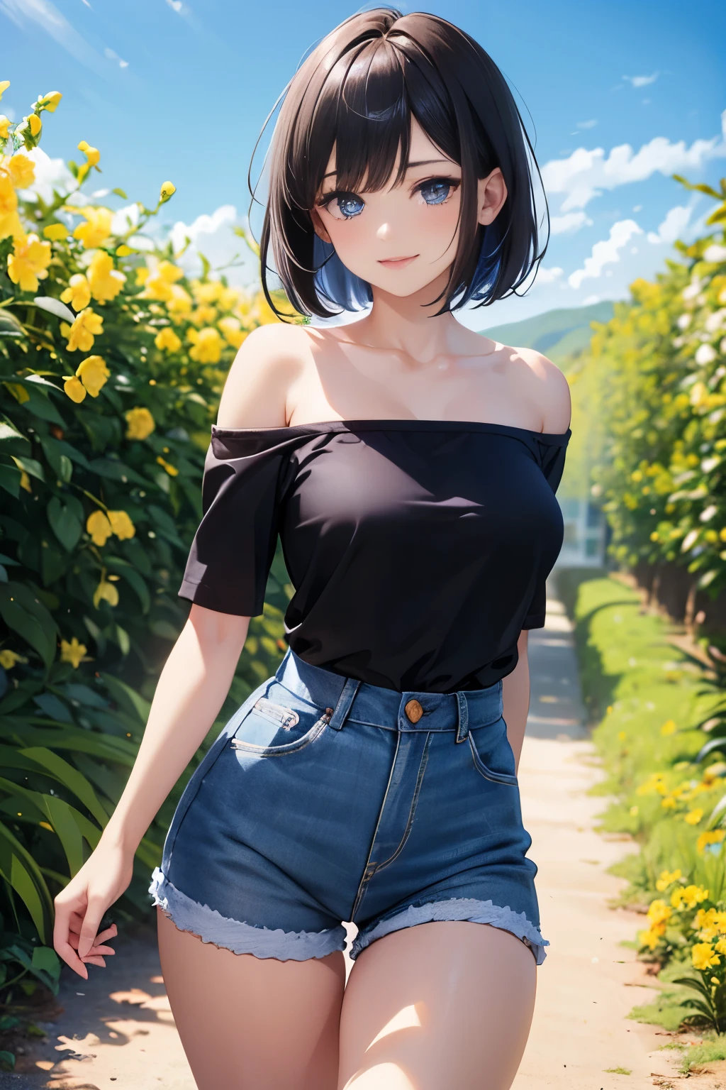 (Masterpiece:1.2, high quality), (absurdres:1.2), (pixiv:1.4), (1girl:1.2), (solo:1.2), (smile:0.8), blush, beautiful woman, (mature woman), bob cut with side fringes, bangs, asymmetric hair, black hair, blue eyes, (detailed eyes), symmetrical eyes, double eyelids, dark eyeshadow, glossy lips, pale pink lips, smile, (looking away), ((detailed face)), collarbone, off-shoulder hoodie, black hoodie, (perfectly round breasts:1.2), denim shorts, bare thighs, slim waist, body curves, dynamic pose, professional photography, beautiful scenery, flower field, aesthetic garden, shiny blue sky, spring season, ultra detailed, highly detailed, (highres:1.2), HD, 8k, 1080, vivid colors, elegant, soft lighting, intrinsic details, (blurry_background:1.2), highly focused face, artistic details, facial details