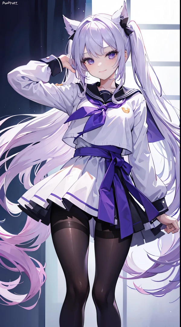 lolver-white long hair，Twin ponytails to waist， broken hair curtain，，Crystal purple eyes，sailor uniform school uniform，Raise the skirt with both hands，Show off with a smile，White has a heart shape，Detailed description of thighs and calves，legs long，close-up on legs，Standing on the school roof，A hand ruffled his hair，Black silk pantyhose，