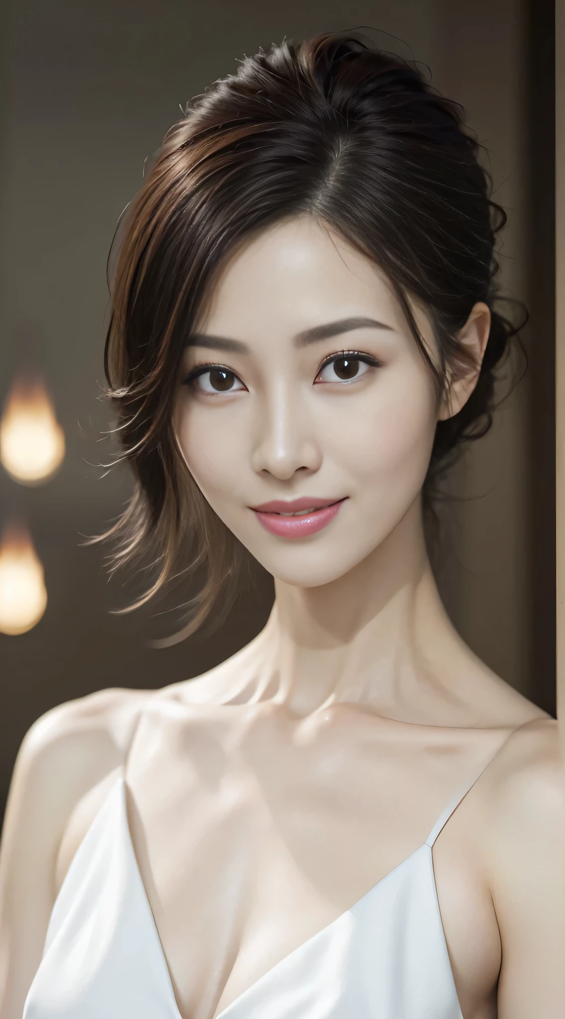 1 Lady, updo-hairstyle, (Ultra actual, A high resolution), (highly details eye, Highly fine hair, The face is very detailed, Highly detailed plump lips), (cropped shoulders、Lie flat, upper part of body, Cautious smile, (Best quality:1.4), RAW photos, (actual, photo-actual:1.37), professional photoshooting, 电影灯光, (delicated face: 1.2),