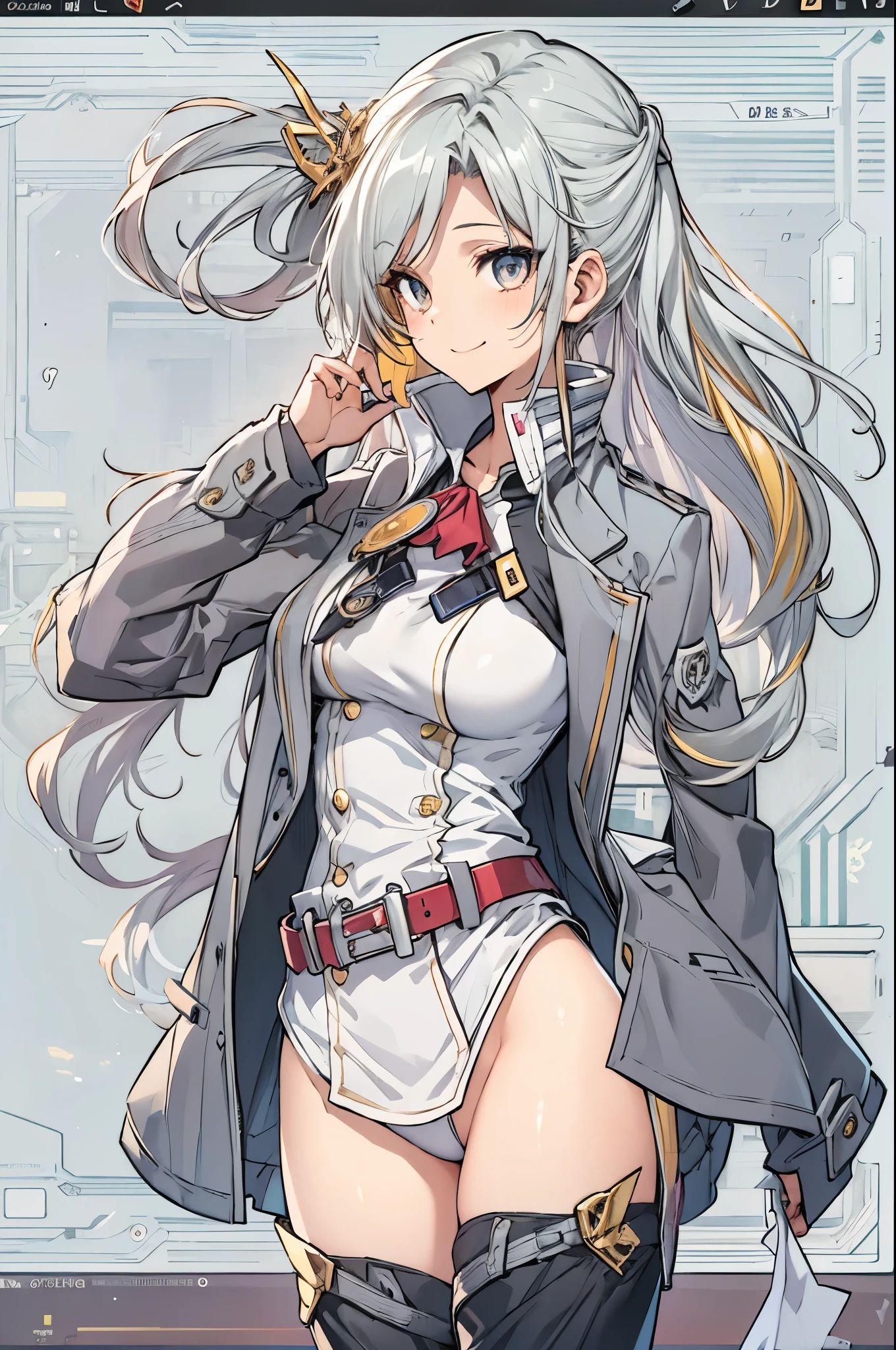 1girl, {solo}, upper body ,{{ {looking at viewer}}}, arm at side, concept art, white background, simple background, white hair, silver gradiient hair , gold eye,complex cloth, asymmetrical clothes, virtual youtuber, best quality, masterpiece, dynamic angle, disgaea style, disgaea style, disgaea style, from above, leaning forward, high ponytail, cowboy_shot, looking_back, grabbing, girl,woman,female, young,20 years old, very long hair, flipped hair, silver hair, flowing hair, ahoge, smirk, beautiful and delicate golden eyes, teeth, medium_breasts, blonde eyes, grey Clothes, grey coat, whiteshirt, black trousers, open jacket, black Clothes,transparent_background, backlighting, absurdres, highres, ultra detailed,