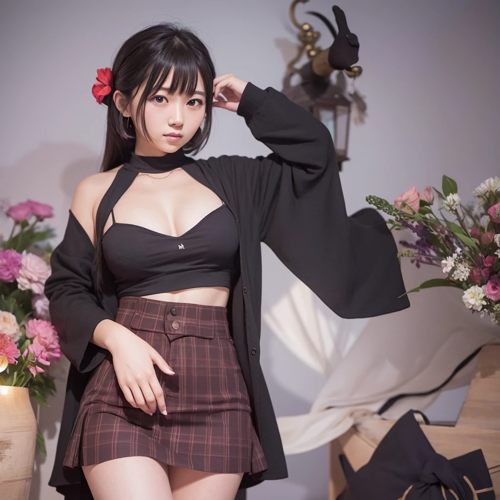 masterpiece, best quality, full body, 1girl, bangs, black choker, black necktie, blonde hair, blue skirt, blush, bracelet, breasts, choker, clothes around waist, collarbone, collared shirt, cowboy shot, dress shirt, ear piercing, eyebrows visible through hair, gradient hair, grin, gyaru, jewelry, kogal, long hair, looking at viewer, loose necktie, necktie, piercing, plaid, plaid skirt, pleated skirt, red eyes, ring, school uniform, shirt, skirt, smile, solo, white shirt, street, sky, cherry blossoms, petals,illustration, (magazine:1.3), (cover-style:1.3), fashionable, woman, vibrant, outfit, posing, front, colorful, dynamic, background, elements, confident, expression, holding, statement, accessory, majestic, coiled, around, touch, scene, text, cover, bold, attention-grabbing, title, stylish, font, catchy, headline, larger, striking, modern, trendy, focus, fashion,