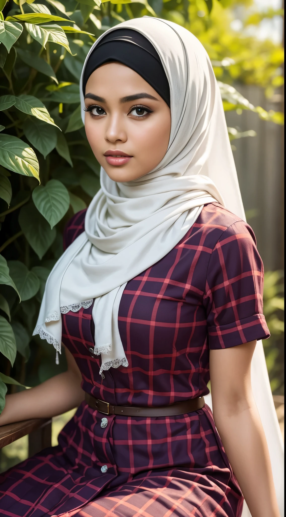 Close up),RAW, Best quality, high resolution, masterpiece: 1.3), Beautiful Malay woman in hijab,Karya, fit body, big breasts, big beautiful eyes, Soft smile, beautiful face,woman wearing plaid dress sitting in garden plant, dress, hijab , bautiful, medium full shot, beautiful, dark brown long skirt, women's long dress, in medium full shot masterpiece art,perfect lighting, Clean lines