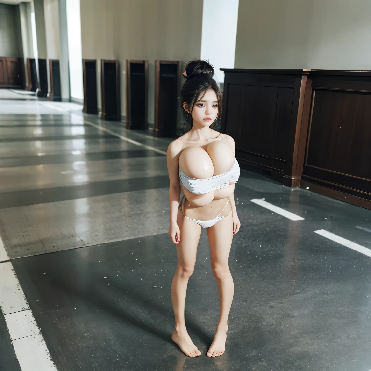 Abandoned schools，Devastated，Sexy standing pose，Exposing the genitals ，Garbage all over the ground，best qualtiy，full-body portraits（1：1），18 years old girls，lean and slender body，Skinny，Smaller bust，The barefoot，Leaky ，Leakage of all breasts，Naked all over the body，Resident Evil