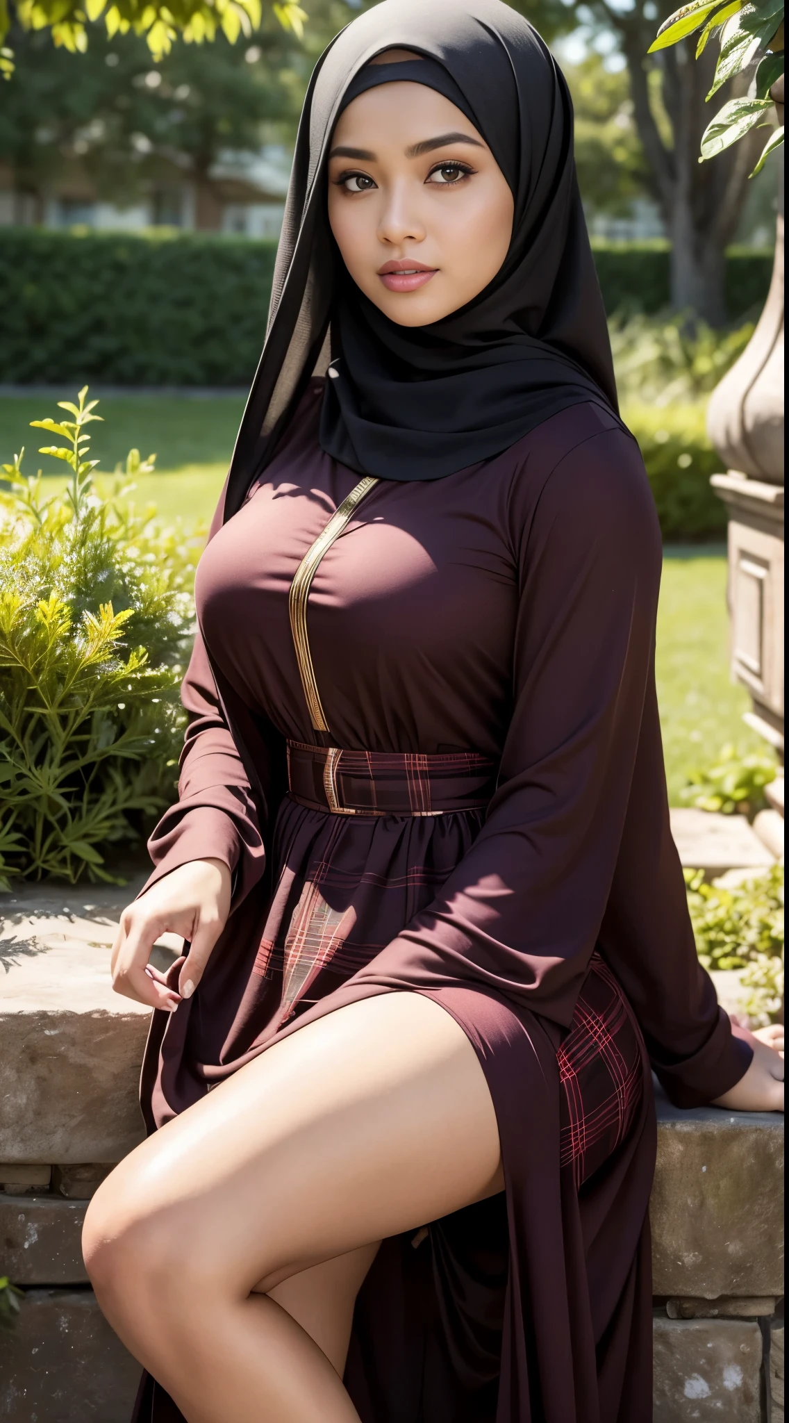 Close up),RAW, Best quality, high resolution, masterpiece: 1.3), Beautiful Malay woman in hijab,Karya, fit body, big breasts, big beautiful eyes, Soft smile, beautiful face,woman wearing plaid dress sitting in garden plant, dress, hijab , bautiful, medium full shot, beautiful, dark brown long skirt, women's long dress, in medium full shot masterpiece art,perfect lighting, Clean lines