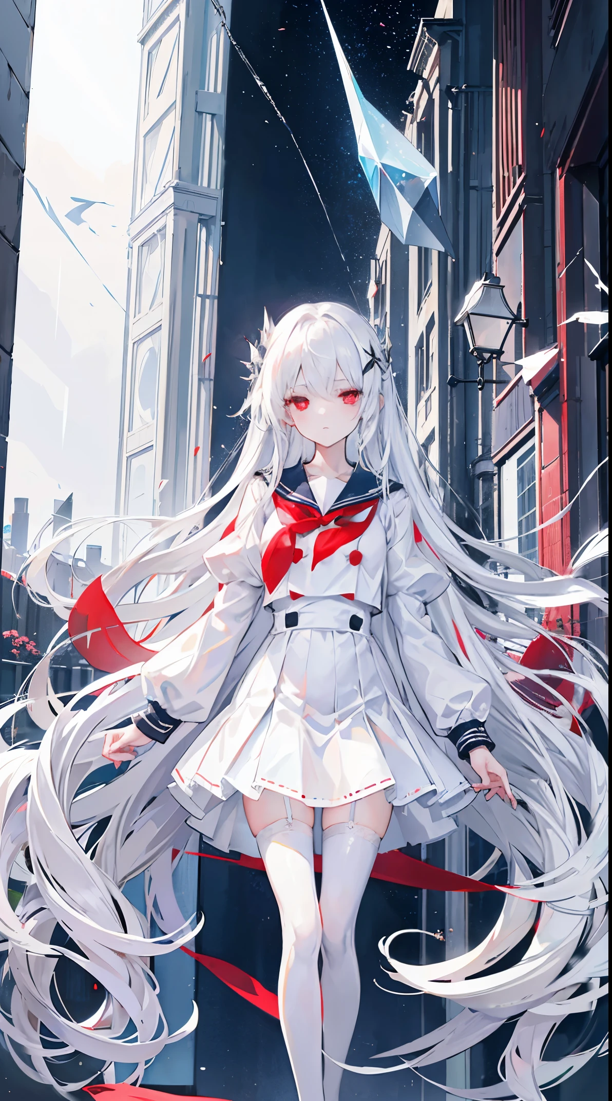 long layered silvery white hair，damaged hair curtain，Crystal red eyes，White short-sleeved sailor suit，a skirt，Expressionless，apathy，Wearing white stockings，On the roof of the school，Holding a crystal blue transparent umbrella，Big-breasted girl