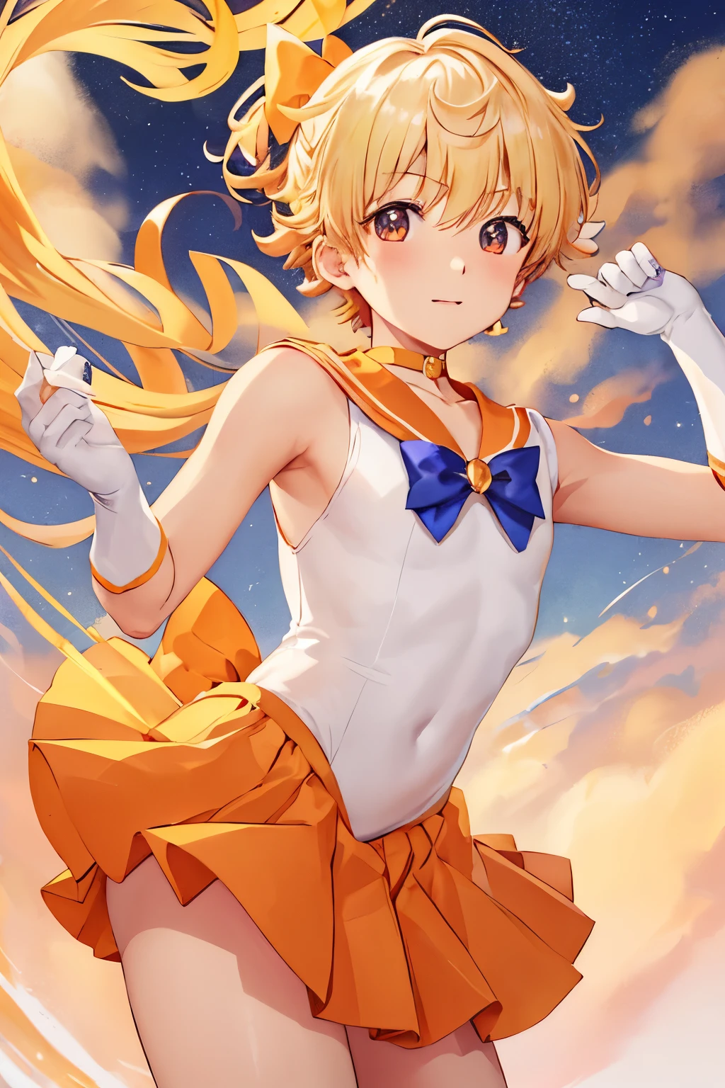 top-quality、​masterpiece、solo、hight resolution、sailorvenus、Short blonde boy、Boy with brown eyes、Orange Choker、Golden Choker、Golden Circlet、jewely、Sailor Senshi Uniform、white glove、elbowgloves、White leotard、highleg leotard、robe blanche、Orange sailor collar、Golden sailor collar、purple bowtie、Orange skirt、Golden skirt、a miniskirt、pleatedskirt、Orange High Heels、Golden high heels、bare upper arm、bare legs、Magical Boy、Boy standing