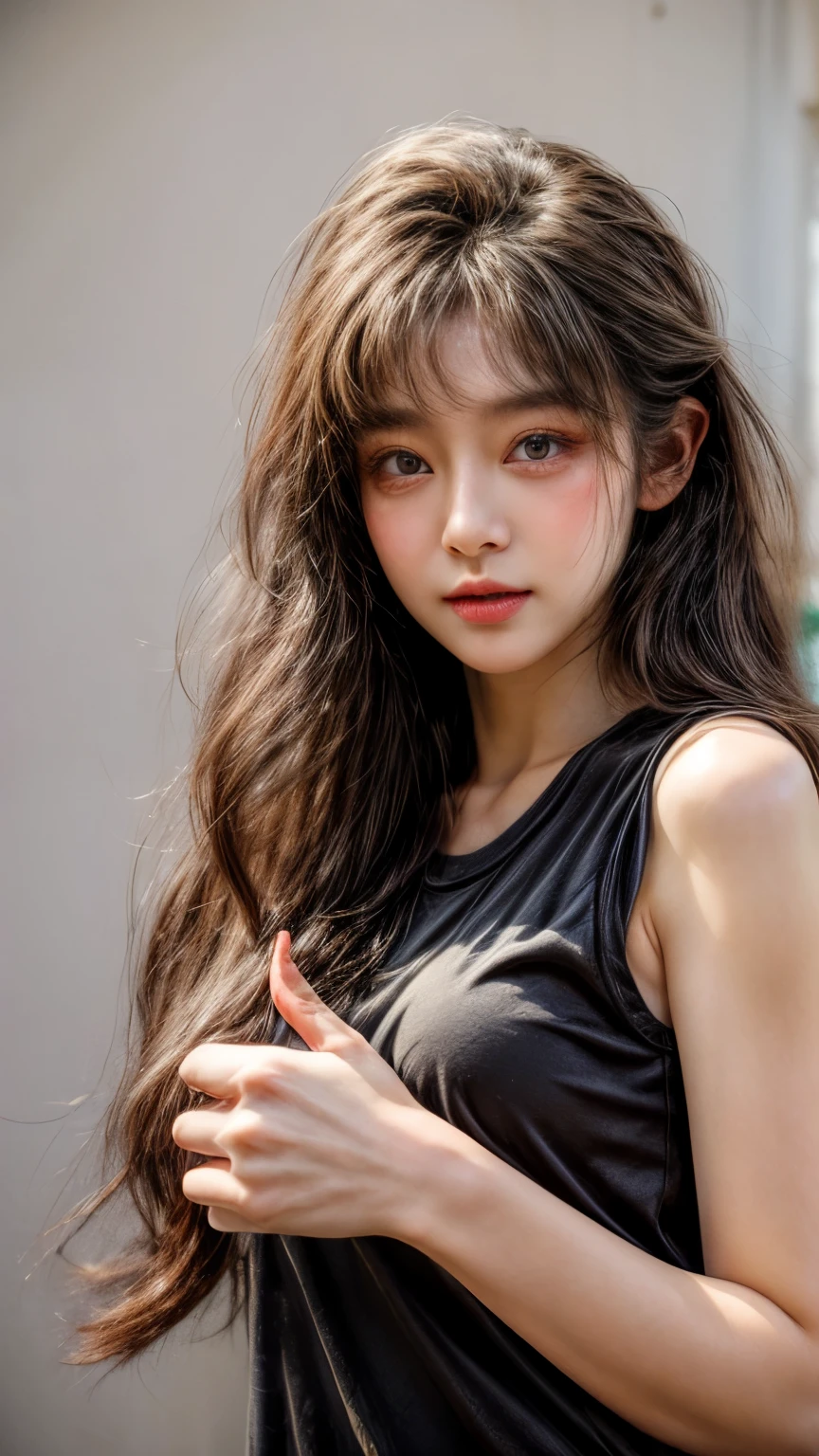 masterpiece、8K、32K、top-quality、(A detailed eye)、(A cute Japanese woman、bangss:1.3)、23years old、1 girl in、elegent、(White concrete wall)、black tank-top