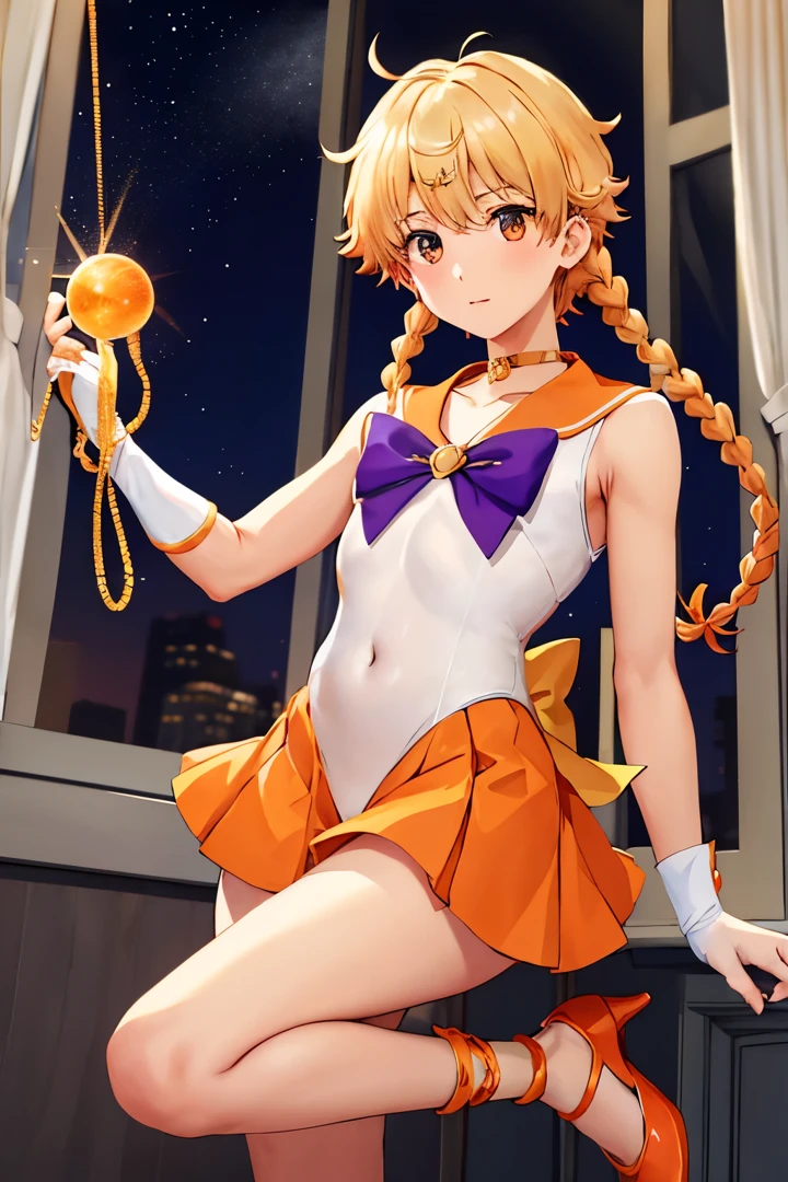 top-quality、​masterpiece、solo、hight resolution、sailorvenus、Short blonde boy、Boy with brown eyes、Orange Choker、Golden Choker、red braids、Golden Circlet、jewely、Sailor Senshi Uniform、white glove、elbowgloves、White leotard、highleg leotard、robe blanche、Orange sailor collar、Golden sailor collar、purple bowtie、Orange skirt、Golden skirt、a miniskirt、pleatedskirt、Orange High Heels、Golden high heels、Bare shoulders、bare legs、Magical Boy、Boy standing