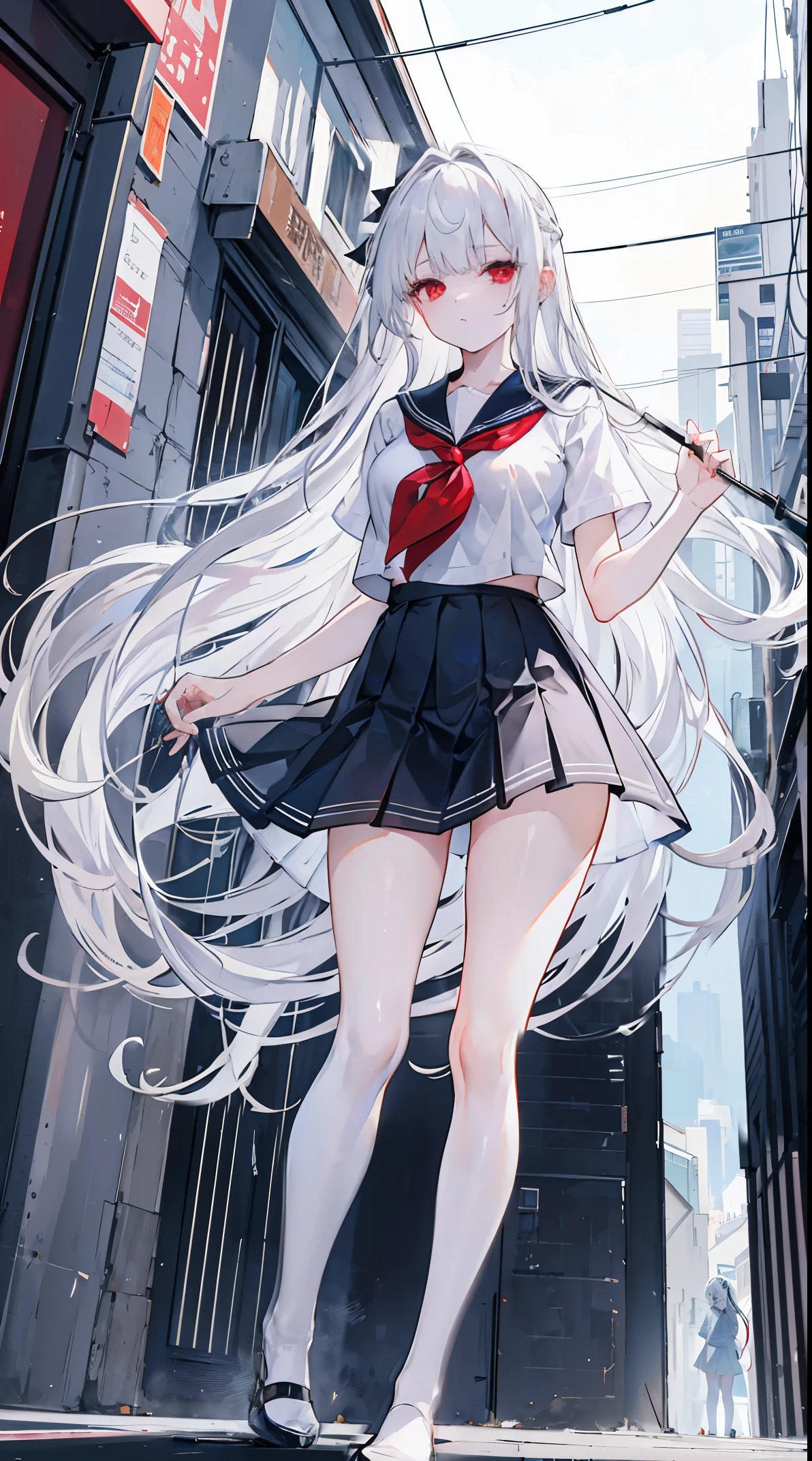 Long layers of silver hair，damaged hair curtain，Crystal red eyes，White short-sleeved sailor suit，a skirt，face expressionless，apathy，Wearing black stockings，On the roof of the school，Holding a crystal blue transparent umbrella，Big-breasted girl