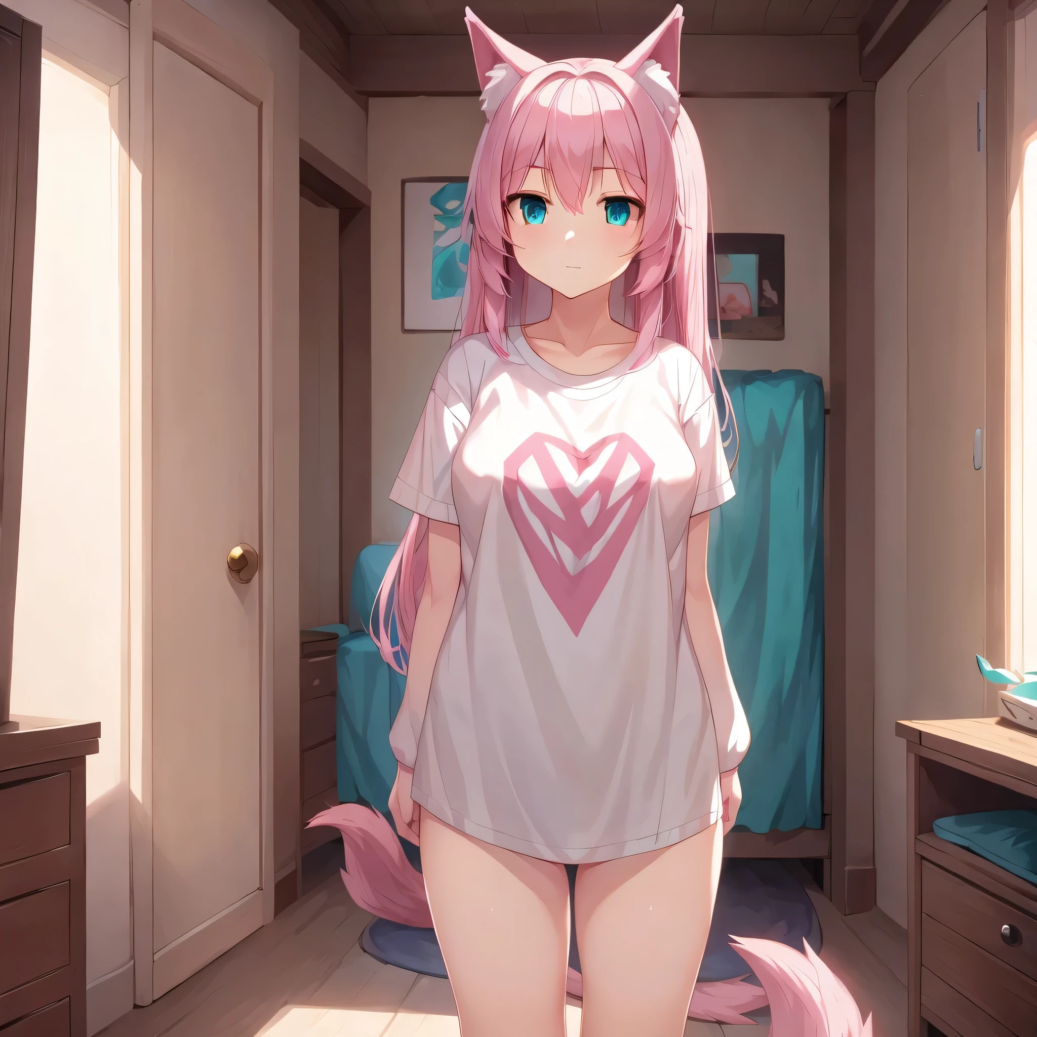 Wolf Girl，Butt to the camera，stooped，Pink hair，Pink pupils，with a good figure，style of anime，loli face，Butt to the camera，Bath，exhibitionists，Translucent clothes，Undressing