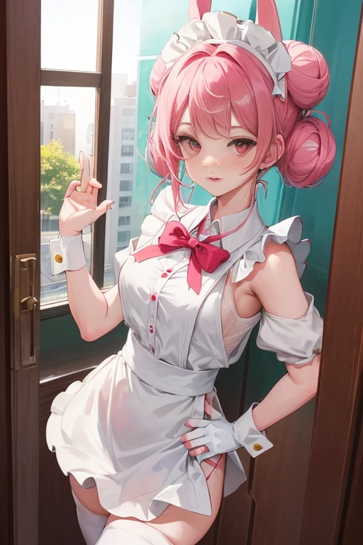 tmasterpiece、Need、1 female student、White cloth bun bun bun、Shoulder leakage、The chest is large、chubbiness、ssmile、upper legs，pale pink lip、posing at school，legs are open， 独奏,the maid outfit，looking at viewert,  (upper legs粗:1.0),Yazawa Nico,red eyes, face flushed,Blunt hair,both hands on hip，Wide buttock，greet，Flower headdress，Maid Cafe，vred，Pout