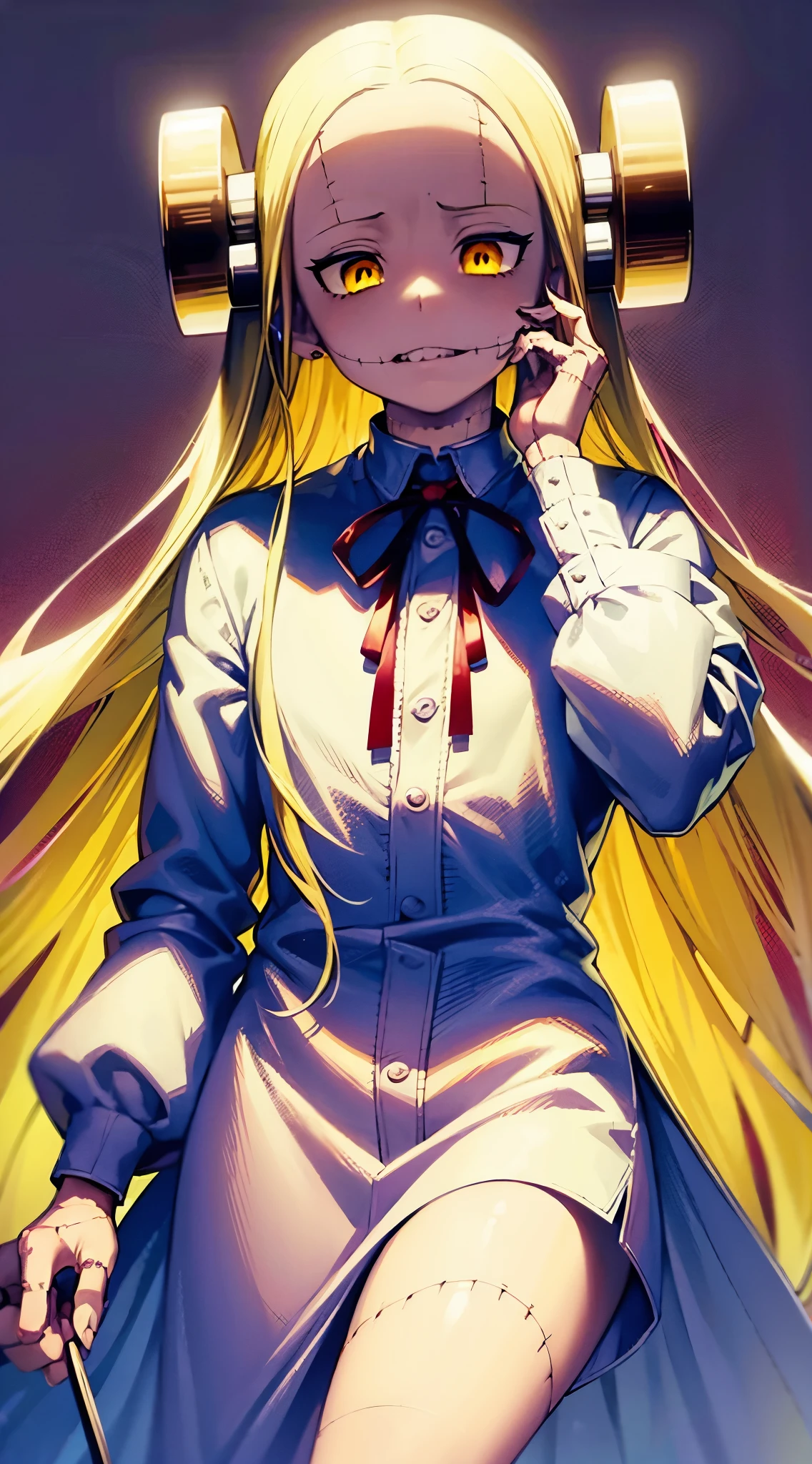 Madaraki_Fran,A  girl ,stands,the madhatter ,white robe ,wrinkles,concerned,((covers his ears)), hairlong , yellow hair,seams , Scars on the body , A creepy look , scary eyes , An intimidating look , creepy smile , bags under eyes, ((((sickly))))