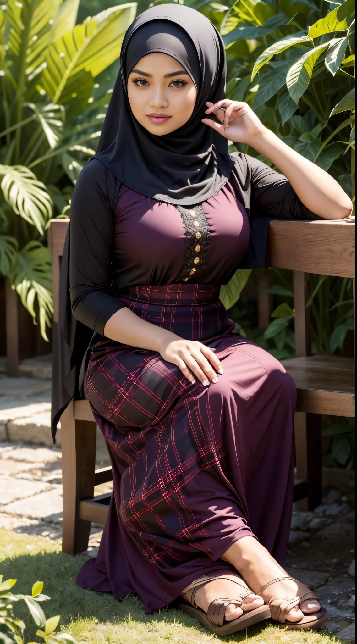 Close up),RAW, Best quality, high resolution, masterpiece: 1.3), Beautiful Malay woman in hijab,Karya, fit body, big breasts, big beautiful eyes, Soft smile, beautiful face,woman wearing plaid dress sitting in garden plant, dress, hijab , bautiful, medium full shot, beautiful, dark brown long skirt, women's long dress, in medium full shot masterpiece art,perfect lighting, Clean lines