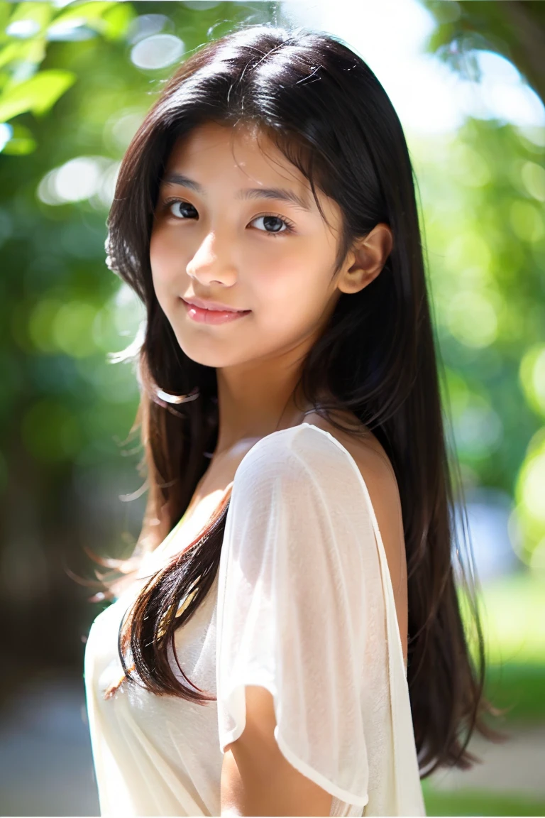 early summer、tanned beautiful girl、sixteen years old、Open your mouth a little、Black hair straight long hair、White summer dress、sheer summer cardigan、