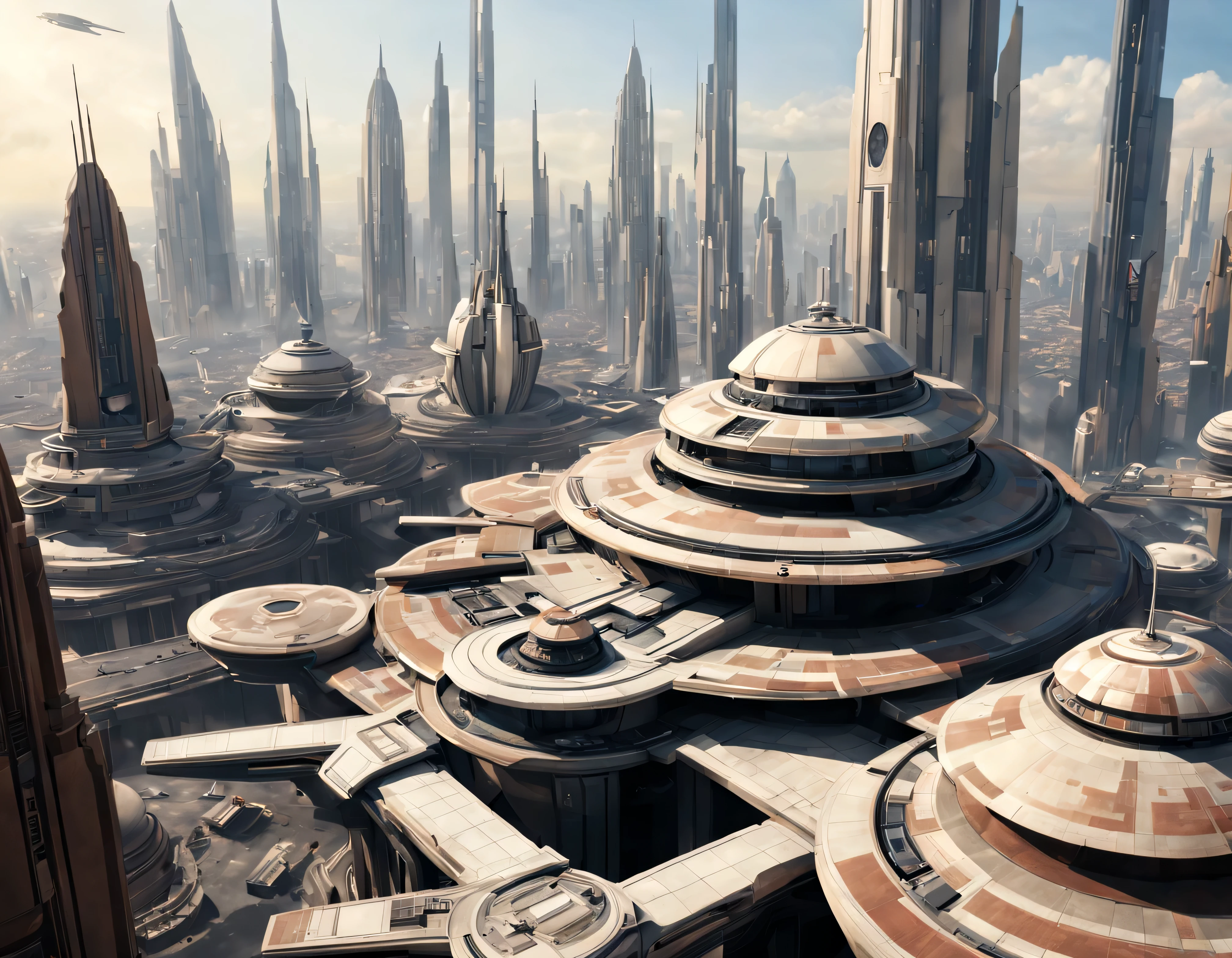 vista desde una terraza de la ciudad de coruscant de star wars, con sus inmensos edificios futuristas, divisandose el templo jedi de coruscant, con una inmensa nave alargada posada en sus inmediaciones, (Design by Doug Chiang), edificios del fondo nitidos y bien definidos, intrincados detalles de la maquina de la mas alta calidad, estilo cinematografico, nitidez absoluta, imagen 8k. (obra maestra de superior calidad).