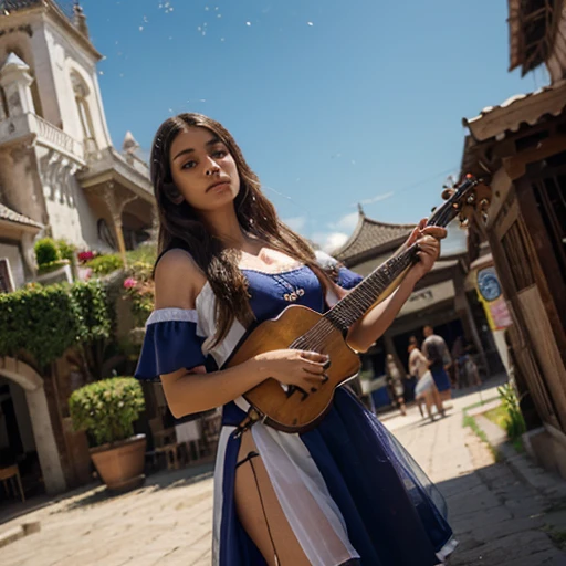 duas meninas, Uma menina segura um piano, A girl holds a lute, cabelos brancos, xianxia fantasia, Popularidade social CG, Torre chinesa, Prospecting floats, Hair is scattered, motion blur, Cinematic lighting, blurry foreground, linhas de movimento, Detalhes altos, 16k, Altas, pele texturizada, Super Detalhe
