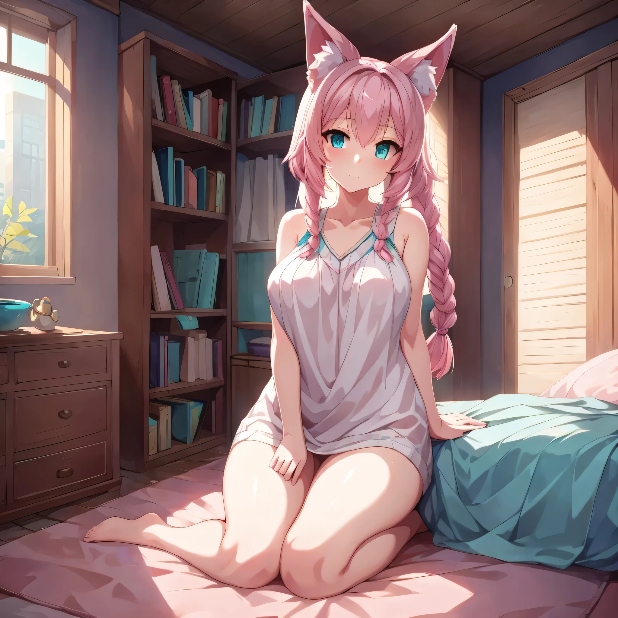 (Masterpiece) (High Detail) (High Res) A short petite humanoid girl with pale human skin and bright turquoise-coloured eyes and long pink hair in a braid and large fluffy pink dog ears and a big fluffy pink dog tail and average breasts. She is alone in her bedroom. Pink hair.