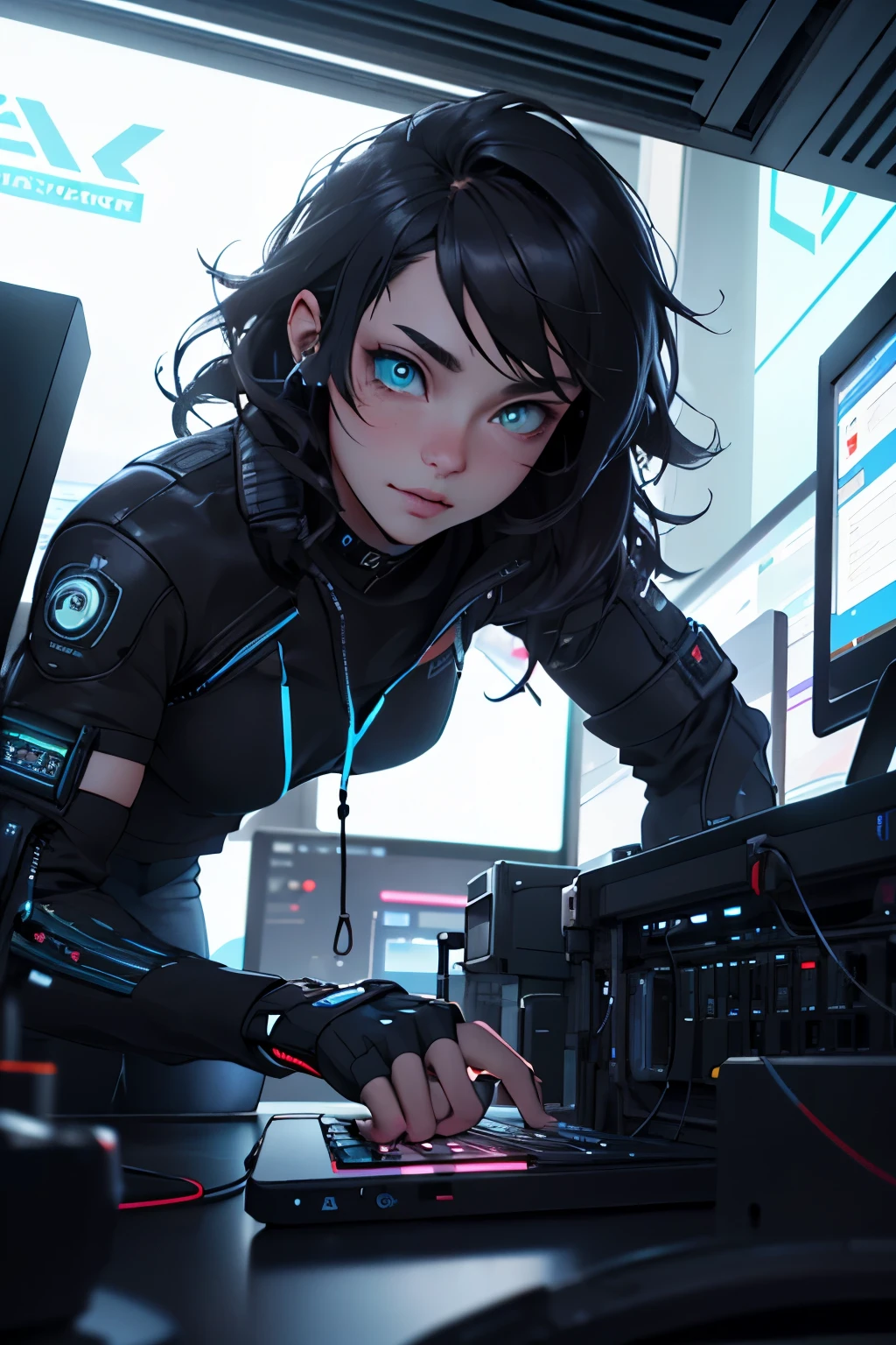 Cyberpunk HD 8k .3D, Beautiful thick-haired hacker woman operating computer terminal, PC desktop , Crawl like a cat, high angle camera view, Pay attention to the SLR effect,Millennial girl、pretty eyes