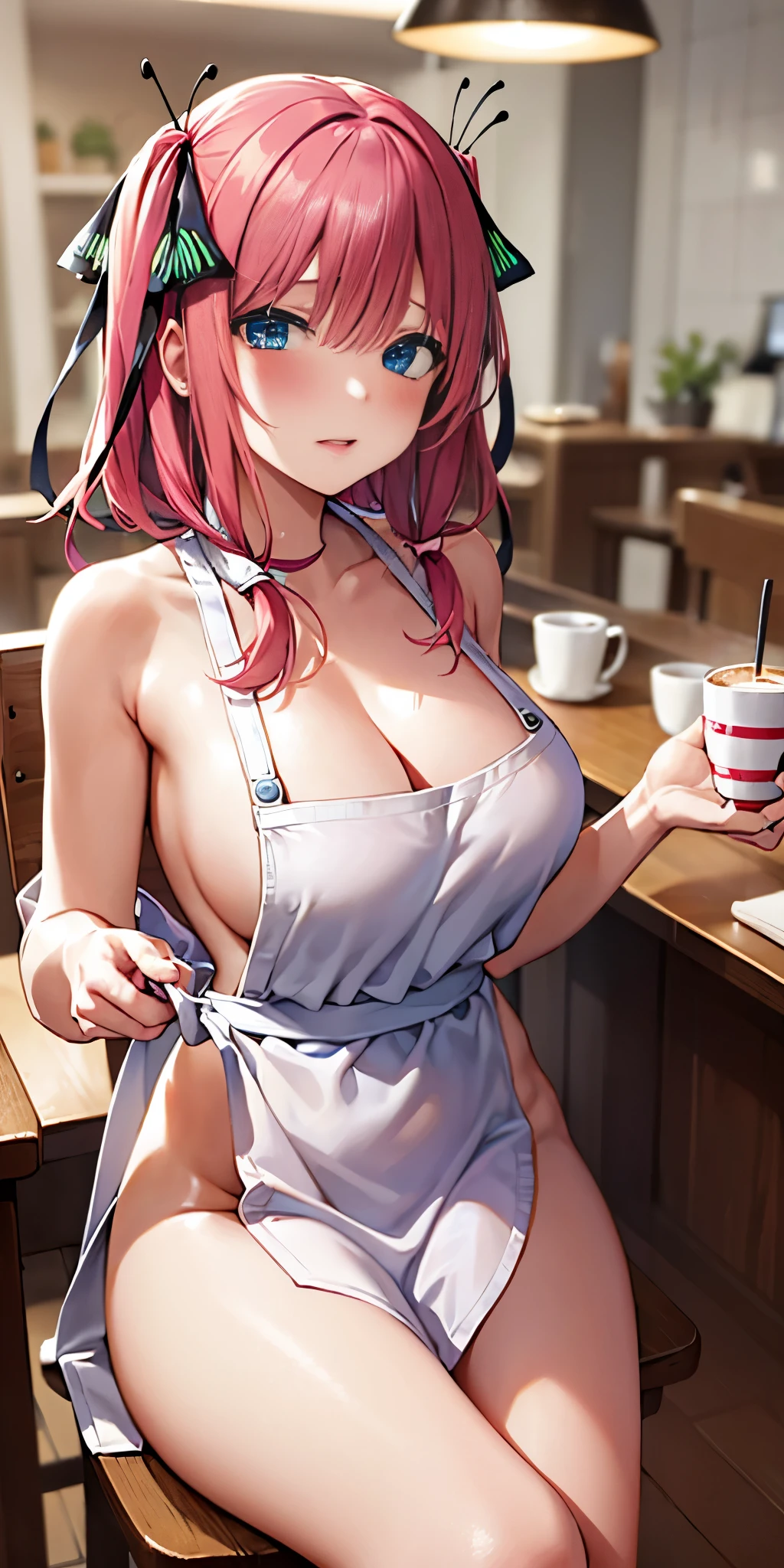 1girl, solo, nakano nino, pink hair, butterfly hair ornament, (naked:1.3), (white apron), large breasts, cleavage, thighs, cafe background, (blushing:1.3)