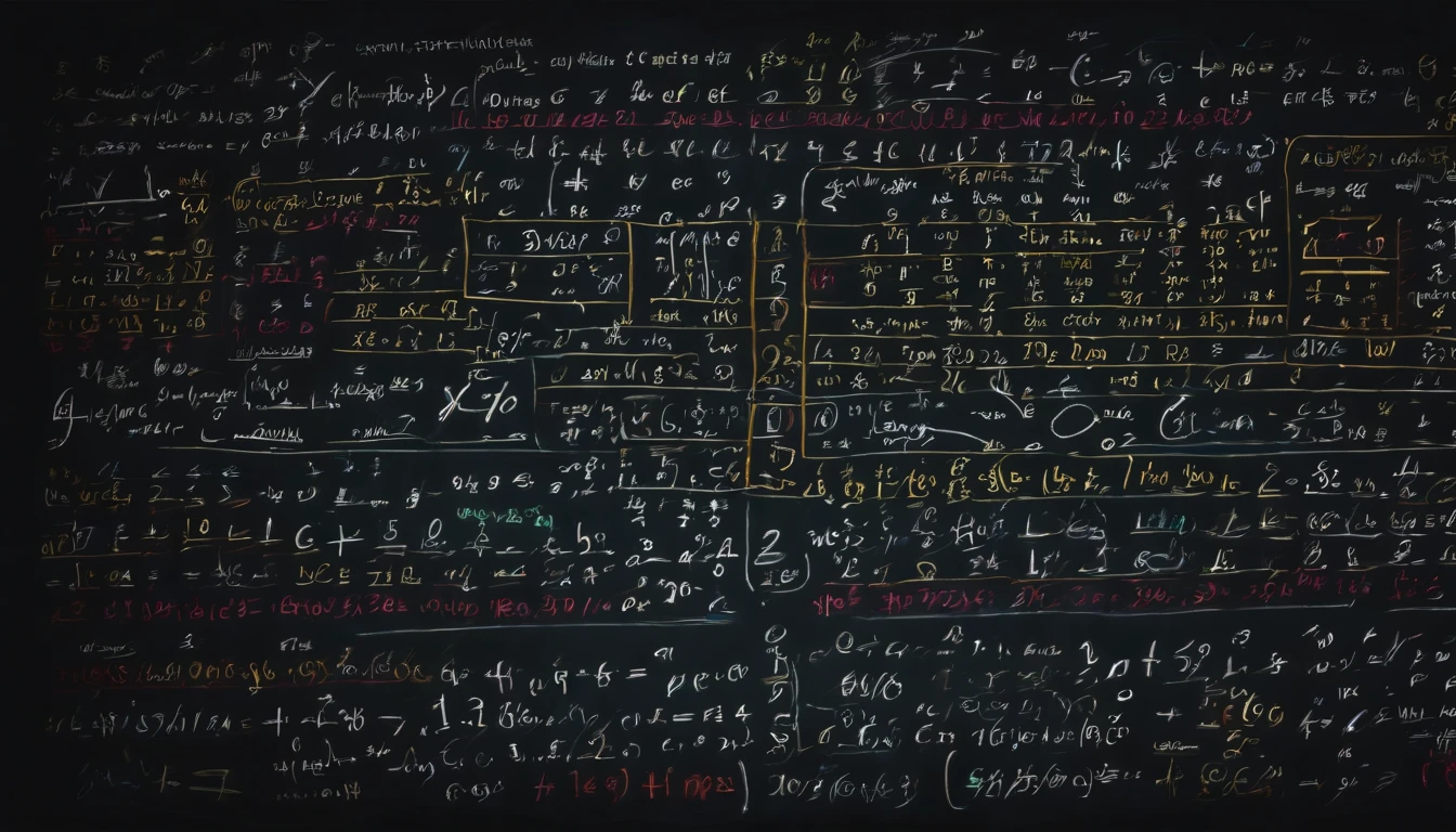 a top-down shot of a blackboard filled with colorful math equations or scientific formulas, highlighting the precision and complexity of the subject matter