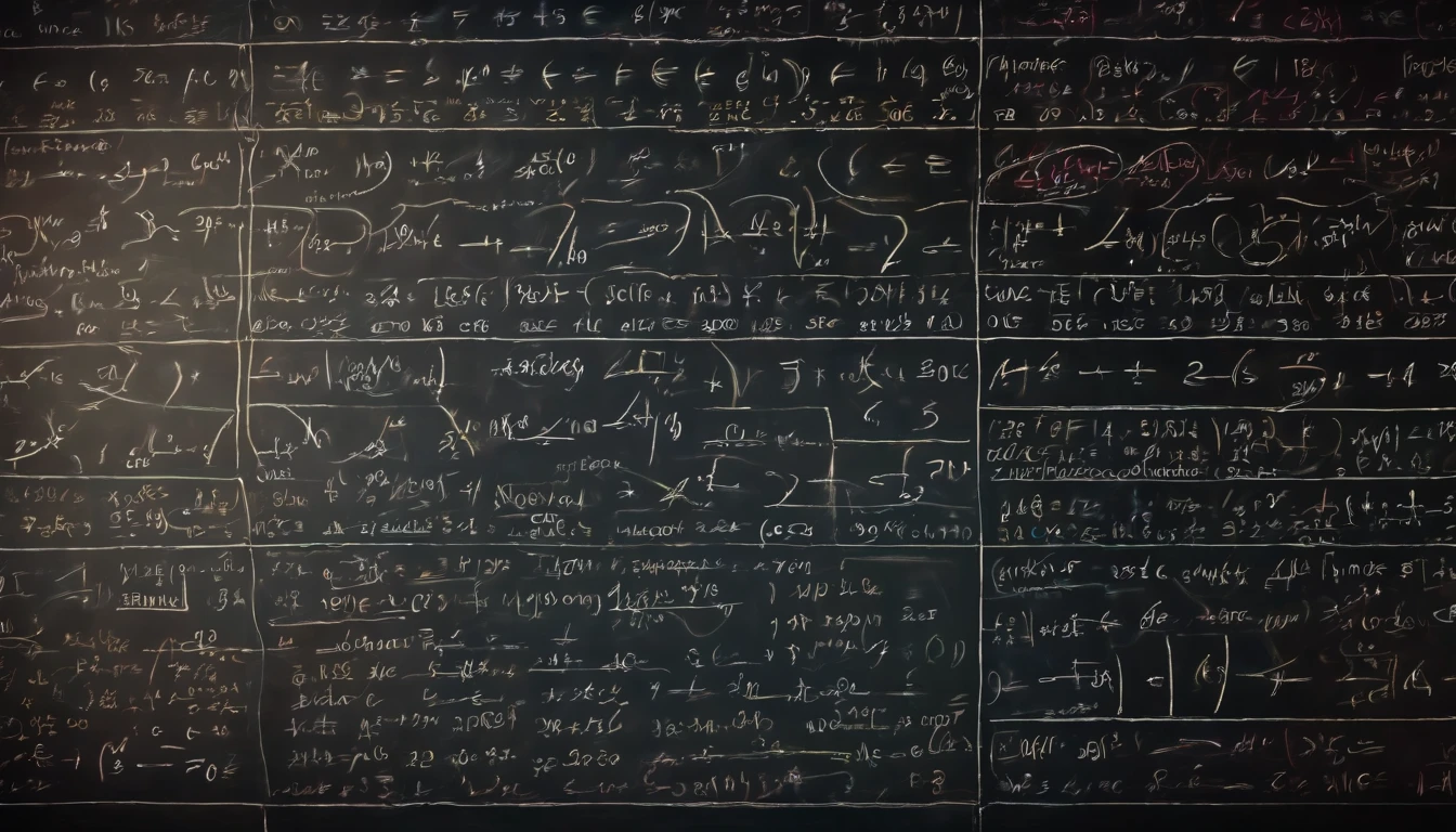 a top-down shot of a blackboard filled with colorful math equations or scientific formulas, highlighting the precision and complexity of the subject matter