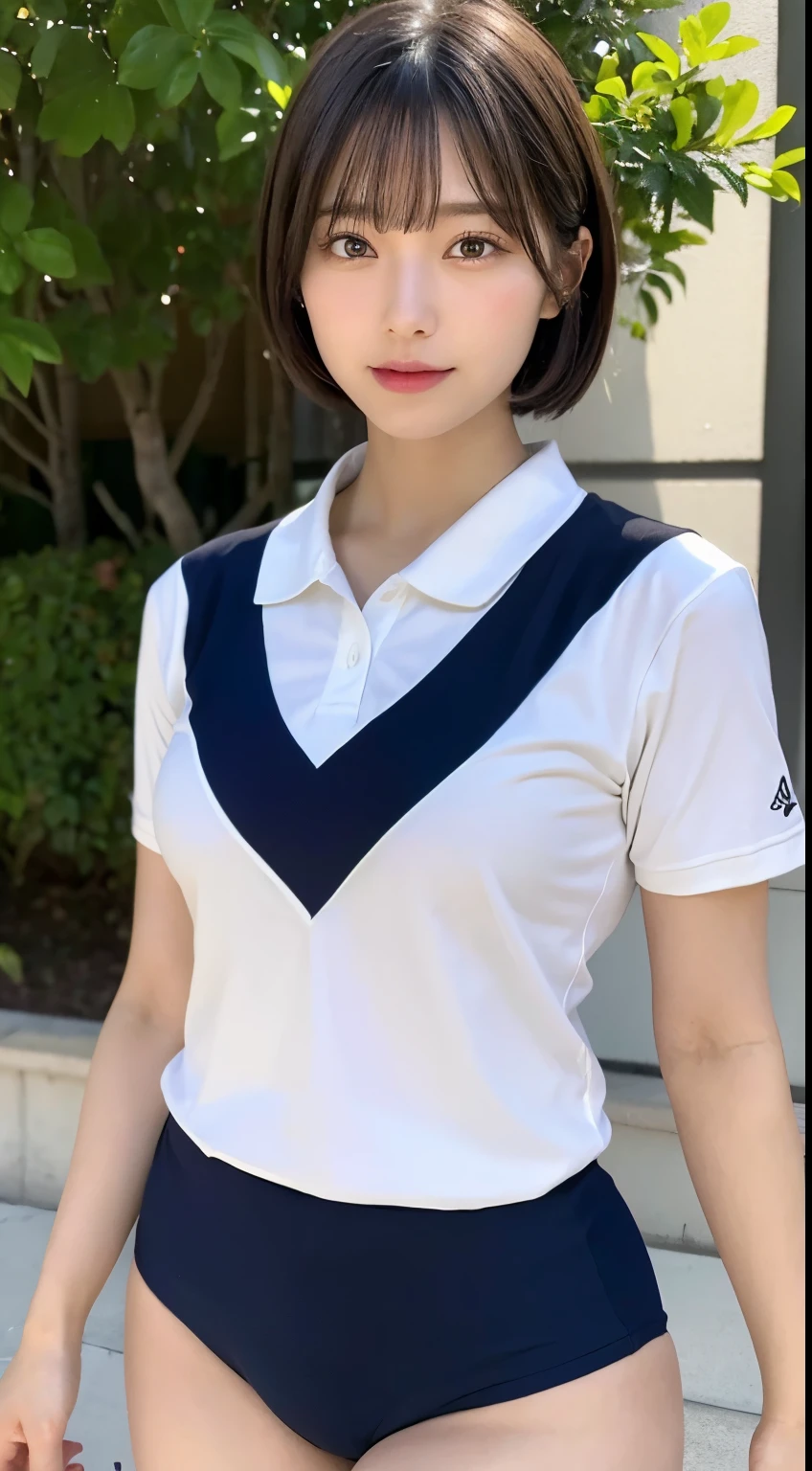 ((Golf Wear、Golf Costumes、Golf Uniforms、Sleeveless shirt、Pleated mini skirt with slit、Knee-high socks))、1 girl、Bob Hair、Brown Hair、Medium breast、smile、masterpiece:1.3、Raw photo、Highest quality、Golf course、On the green、Detailed Background、Anatomically correct arms and legs、Anatomically correct fingers、